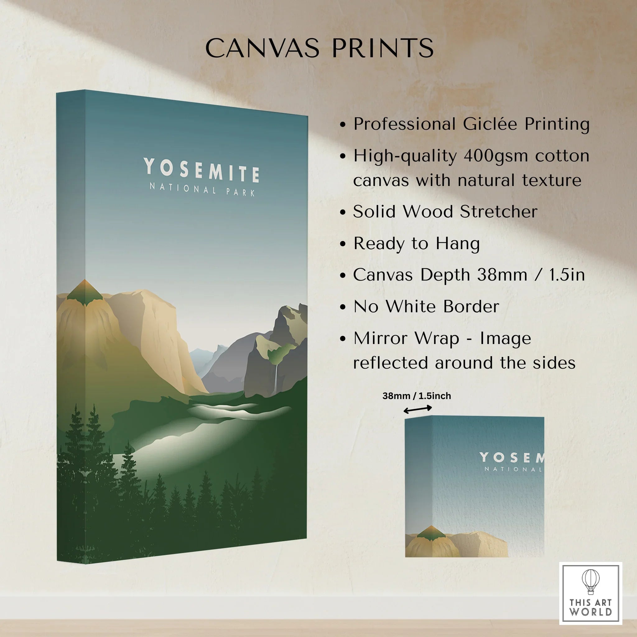 Yosemite National Park canvas print with mountains, trees, and product details on wall art.