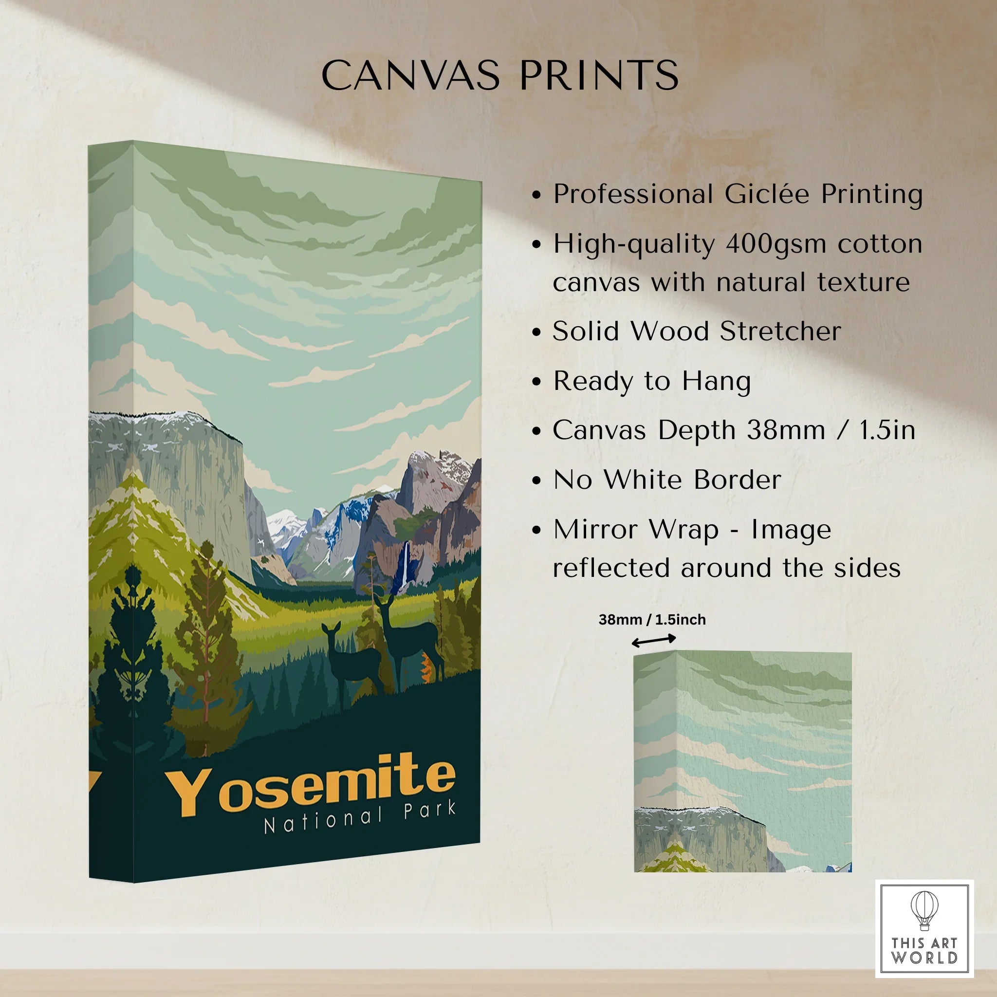 Yosemite National Park canvas print with vintage landscape art and deer, gallery-wrapped