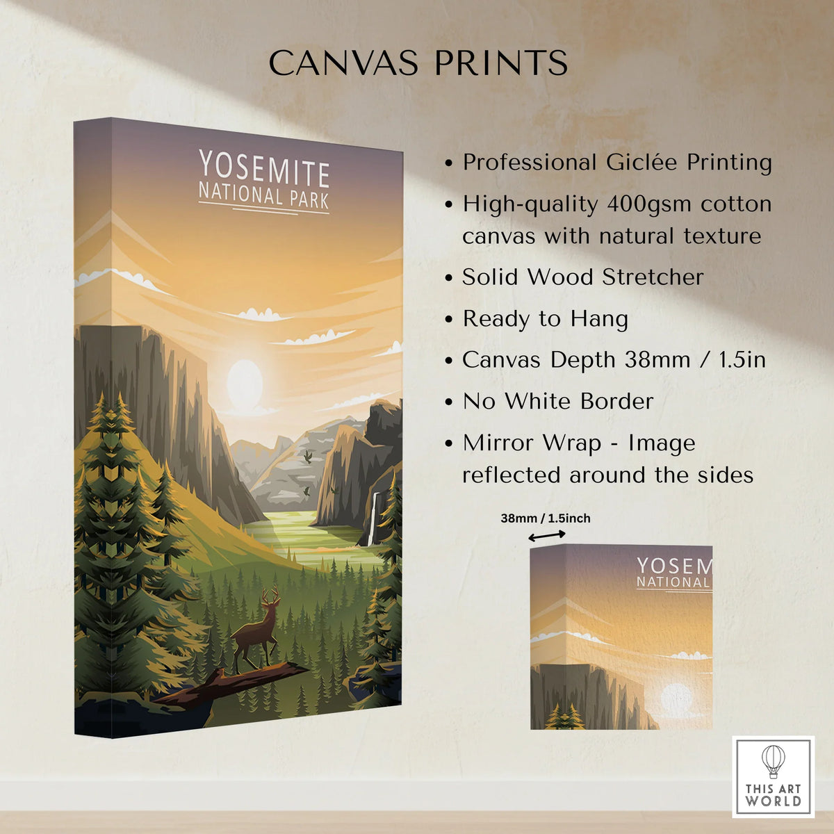 Yosemite National Park canvas print, sunset landscape with deer and pine trees, wall art details