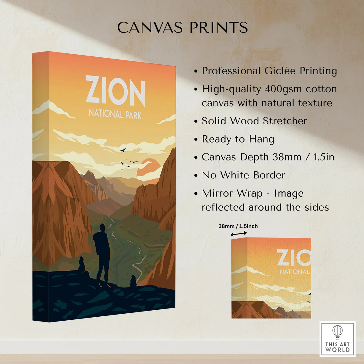 Zion National Park canvas wall art print with hiker silhouette, orange sunset mountains