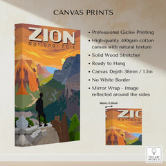 Zion National Park canvas wall art print with hiker, sunset mountains, and canvas details.