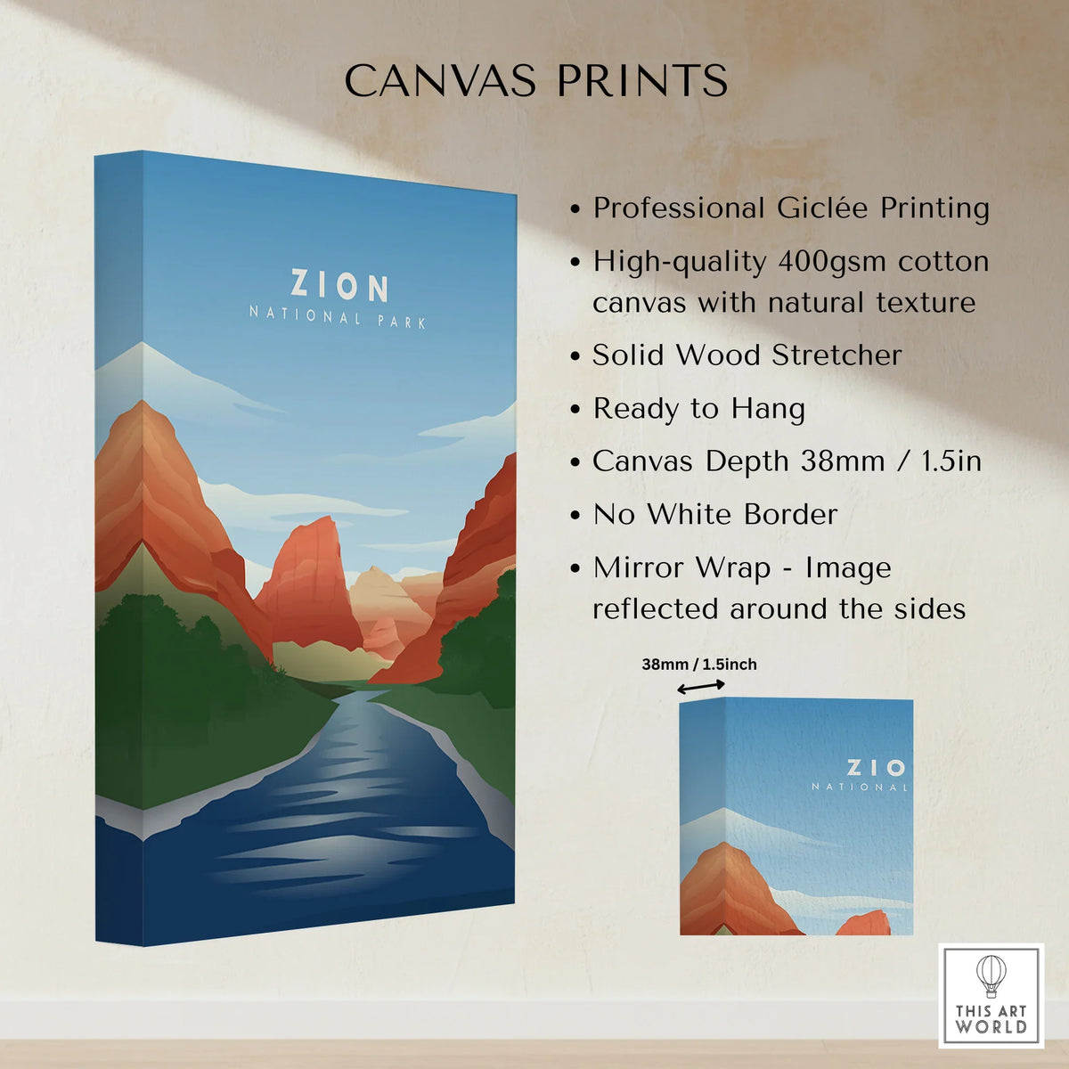 Zion National Park canvas wall art, stretched cotton canvas with river and red rock landscape
