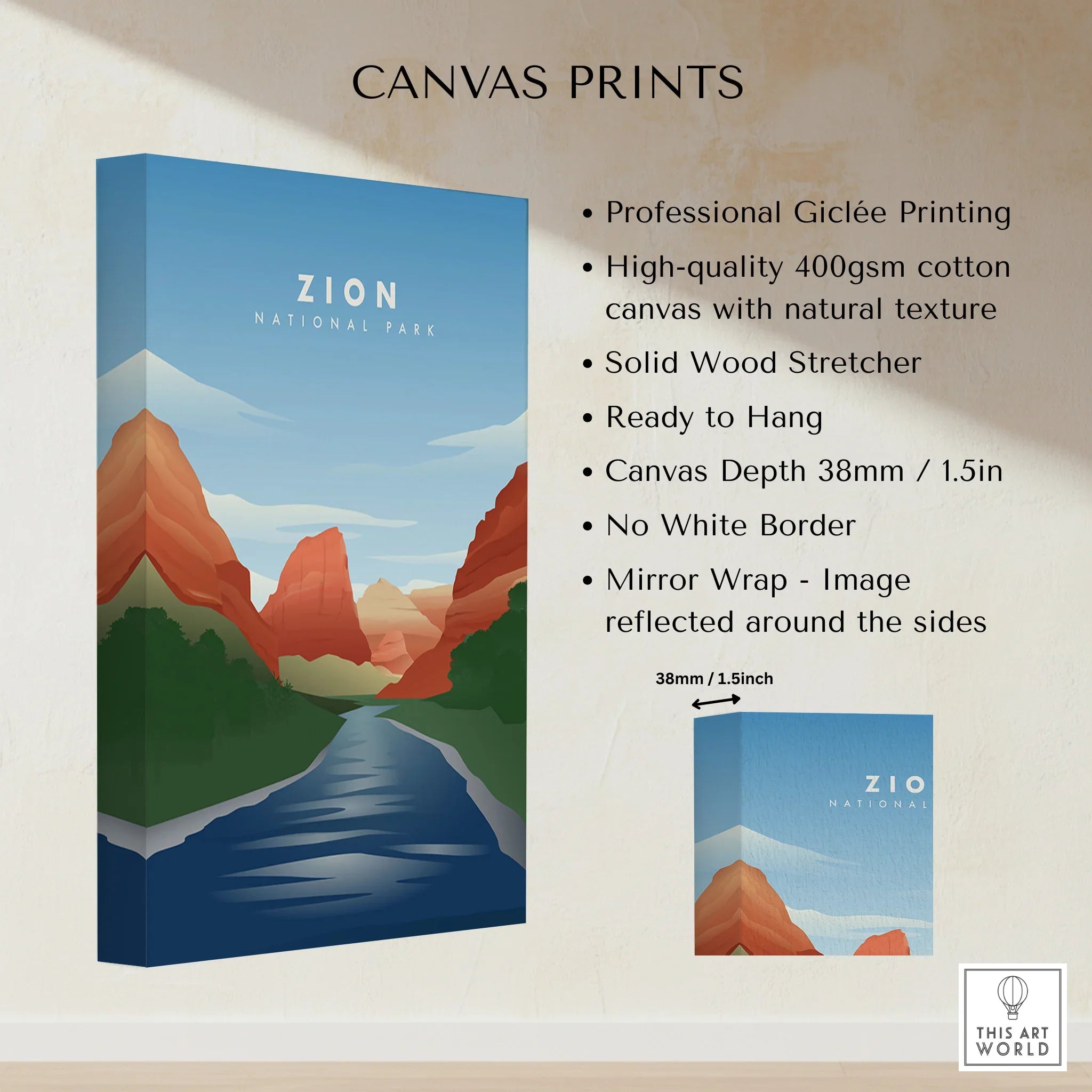 Zion National Park canvas wall art, stretched cotton canvas with river and red rock landscape