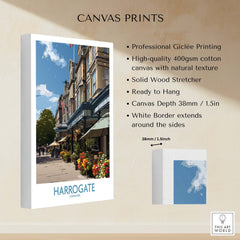 Harrogate Yorkshire Art Print | Floral Cafe Scene Poster details including Giclée printing, canvas depth, and white border.