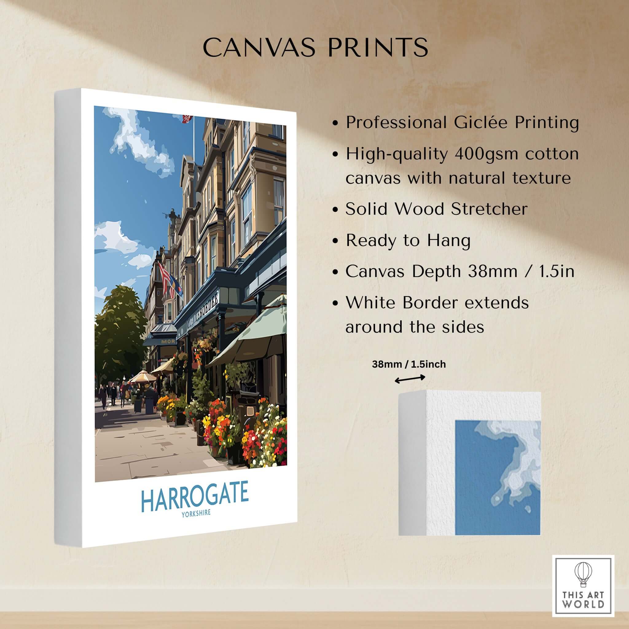 Harrogate Yorkshire Art Print | Floral Cafe Scene Poster details including Giclée printing, canvas depth, and white border.