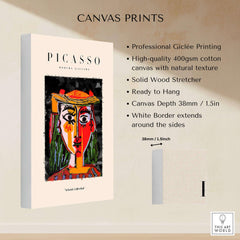 Picasso Woman in Hat Red Yellow Face Portrait Poster Colorful Abstract Artwork Print showcasing Giclée on canvas.