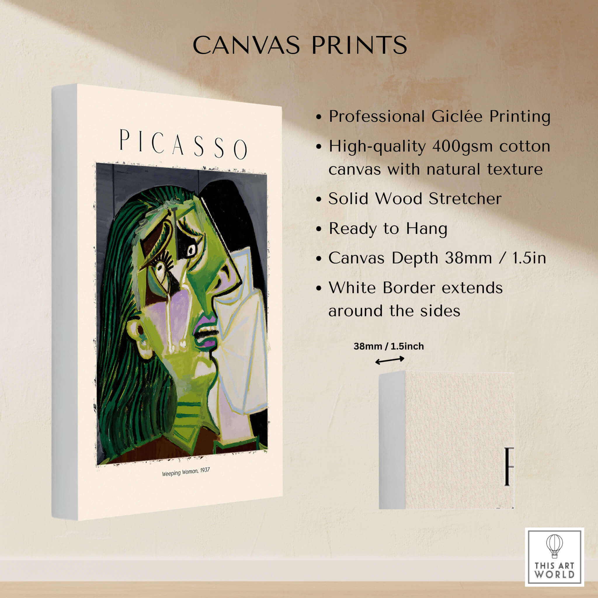 Picasso Weeping Woman 1937 Art Print Famous Cubist Portrait Poster Emotional Wall Art displayed on canvas with detailed features.