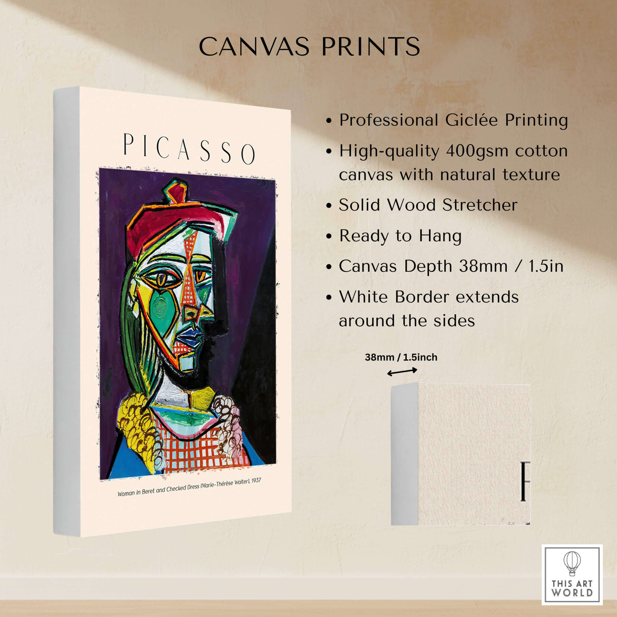 Picasso Woman Beret Checked Dress Marie Thérèse 1937 Art Print Cubist Portrait Poster showcasing features and details.