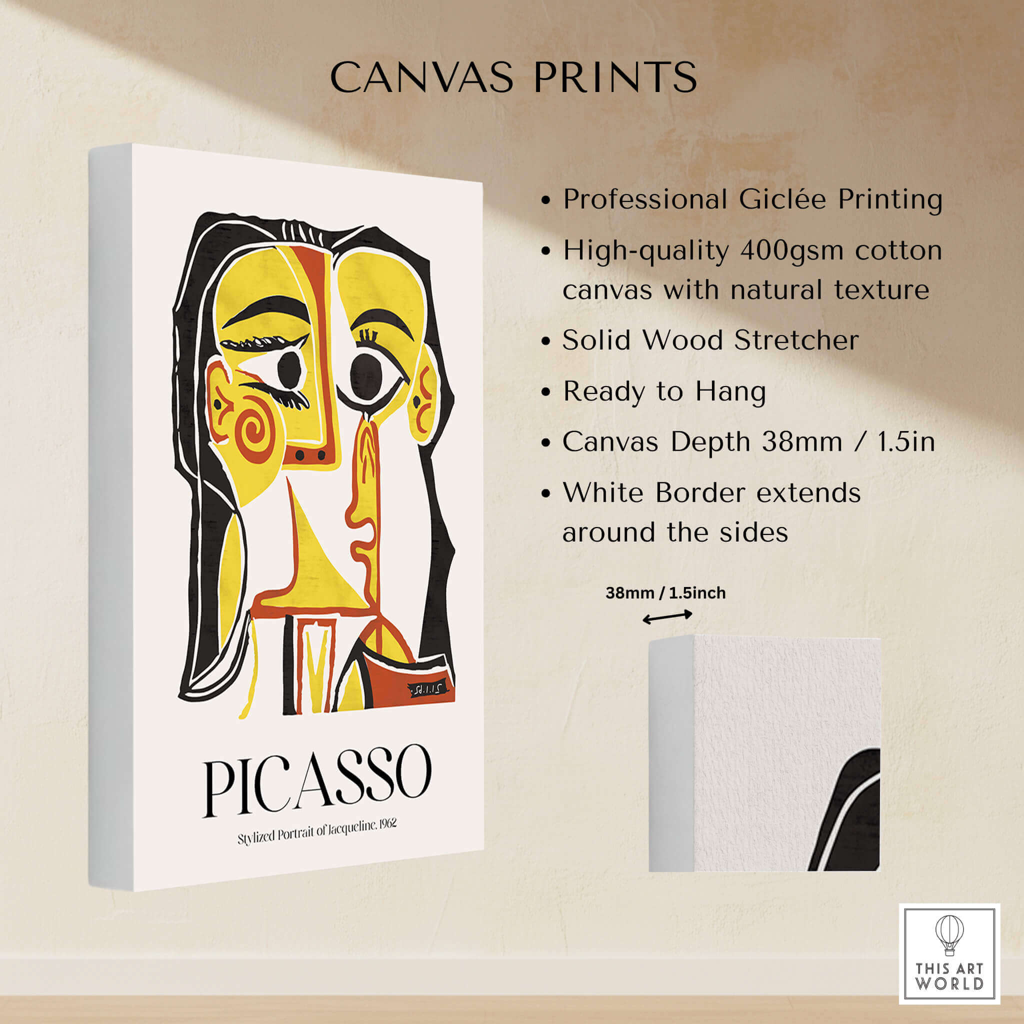 Picasso Stylized Portrait Jacqueline 1962 Abstract Art Print Yellow Red Poster with Giclée printing features.