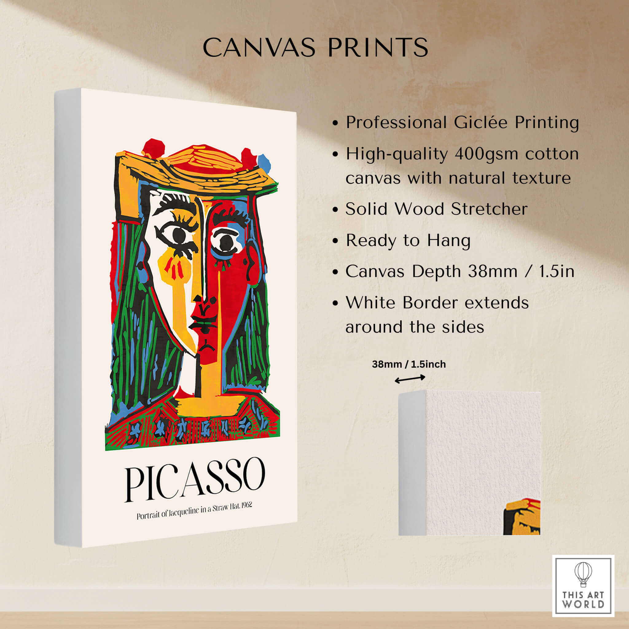 Picasso Portrait Jacqueline Straw Hat 1962 Colorful Abstract Art Print Modern Poster on canvas with white border.