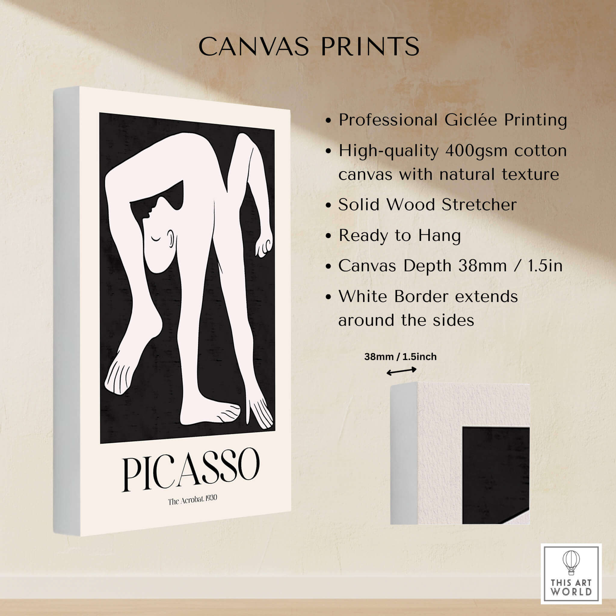 Picasso The Acrobat 1930 Black White Figure Poster Minimalist Art Print Wall Decor displayed on canvas with white border