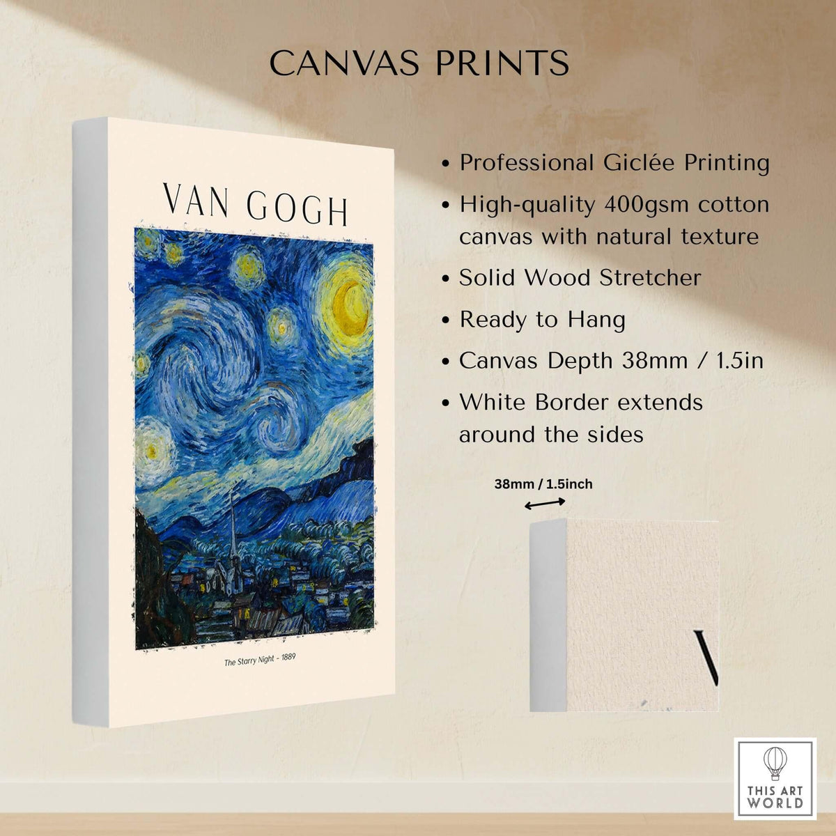 Starry Night Print:  Vincent van Gogh Poster showcasing Giclée printing on high-quality canvas.