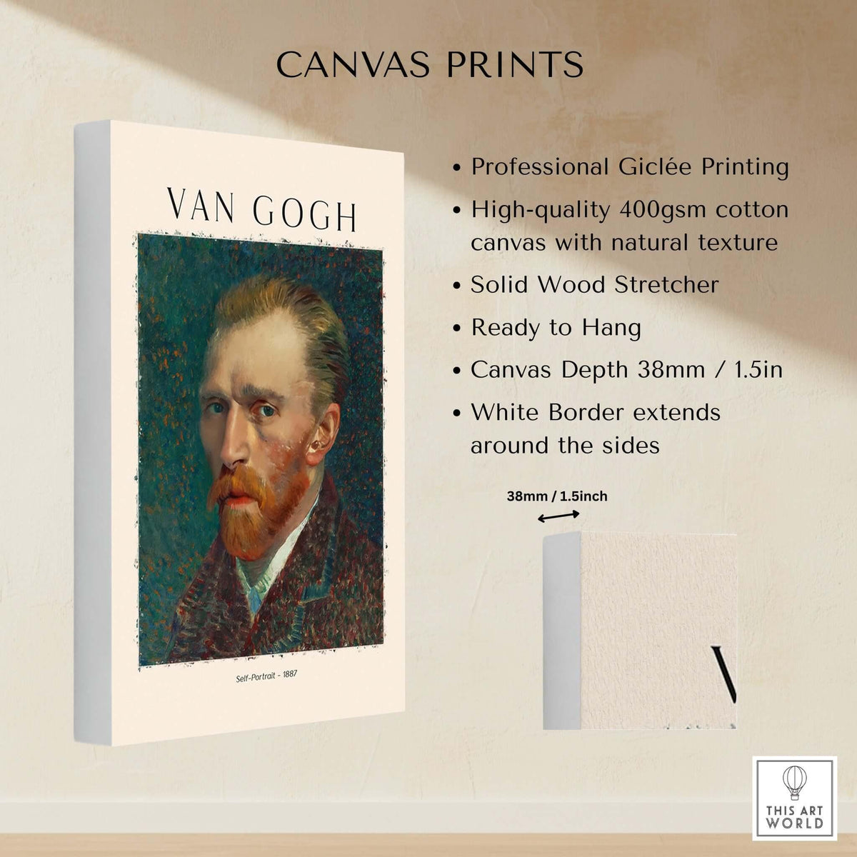 Vincent van Gogh Self Portrait 1887 Post Impressionist Artist Poster Print Wall Art displayed on high-quality canvas.