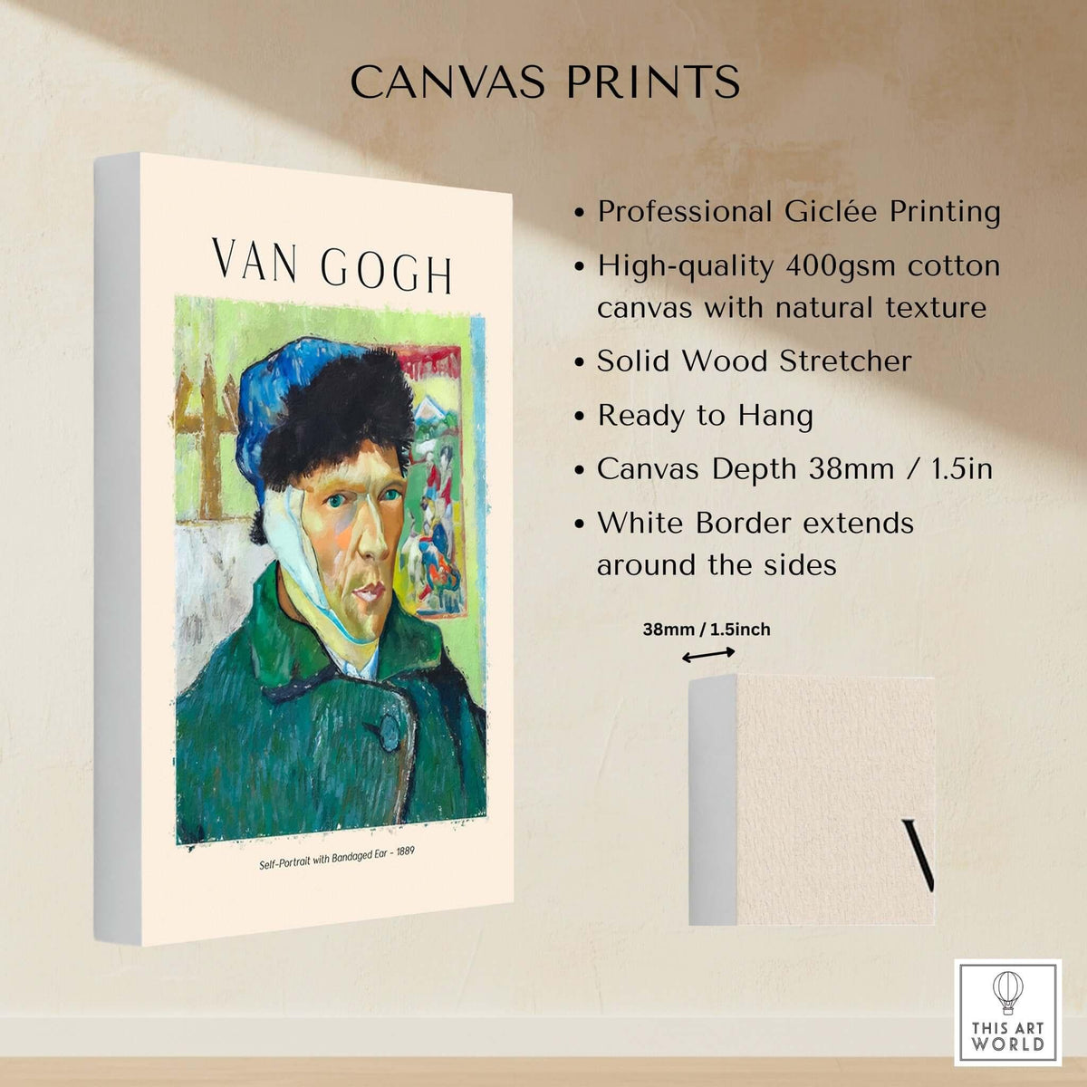 Vincent van Gogh Self Portrait Bandaged Ear 1889 Famous Art Print Poster Wall Decor canvas print details and features