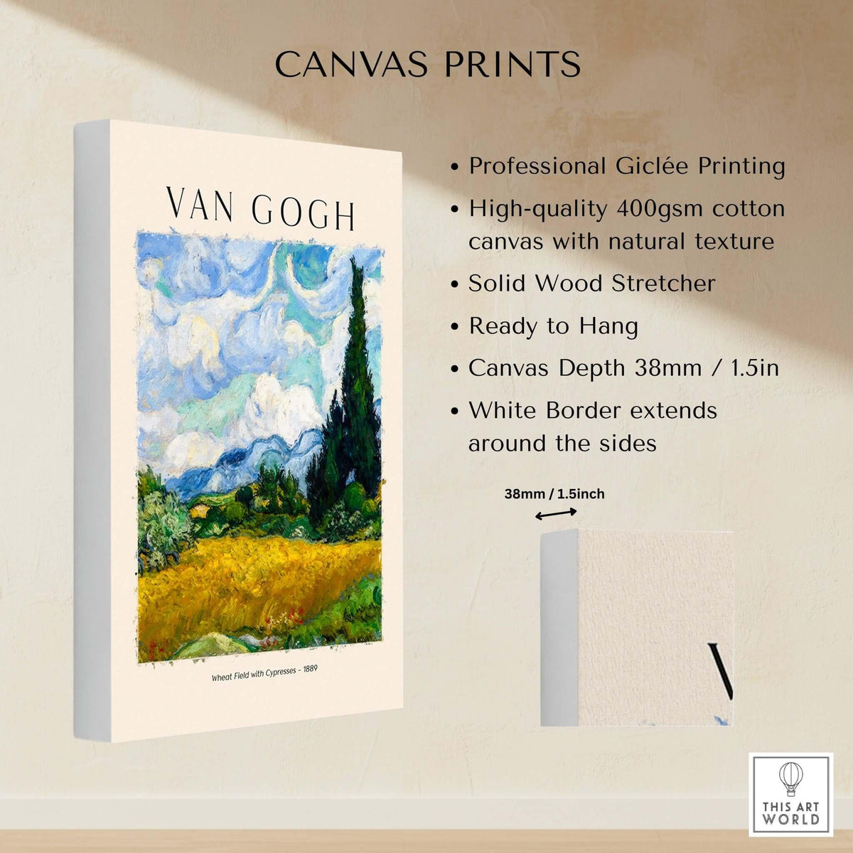 Vincent van Gogh Wheat Field with Cypresses 1889 Landscape Art Print Post Impressionist Poster canvas details.