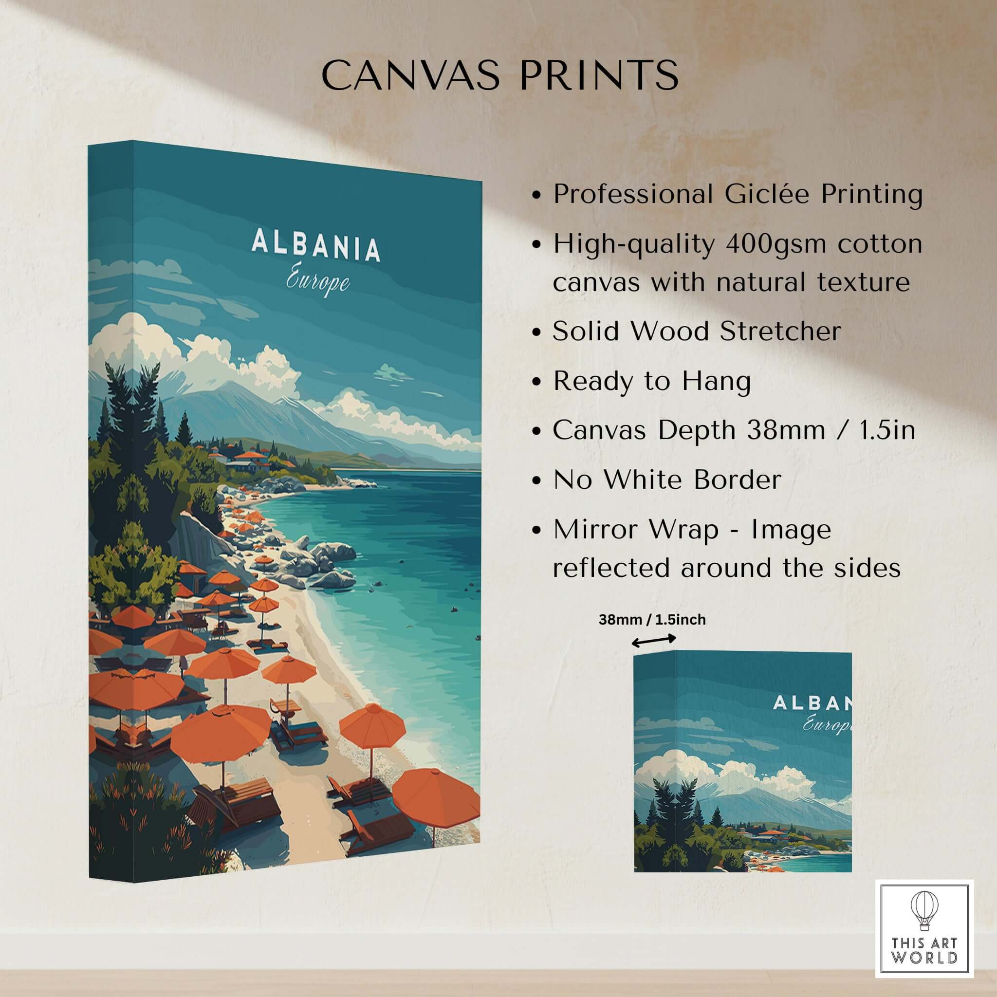 Albania Canvas Print | Balkan Travel Wall Decor featuring a stunning beach scene and vibrant umbrellas.