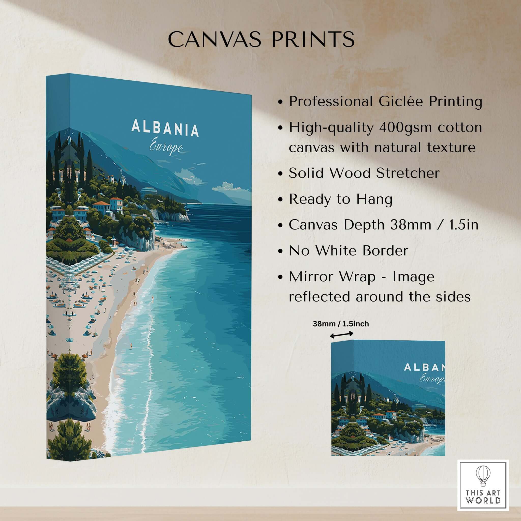 Albania Canvas Print | Balkan Travel Poster showcasing Albania's coastal beauty and high-quality giclée printing.