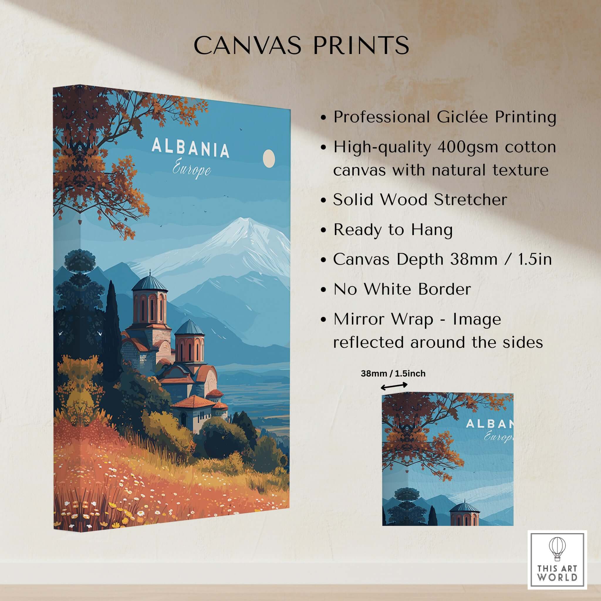 Albania Canvas Print | Framed and Unframed Travel Wall Decor showcasing monastery-on-hill artwork with mountains.