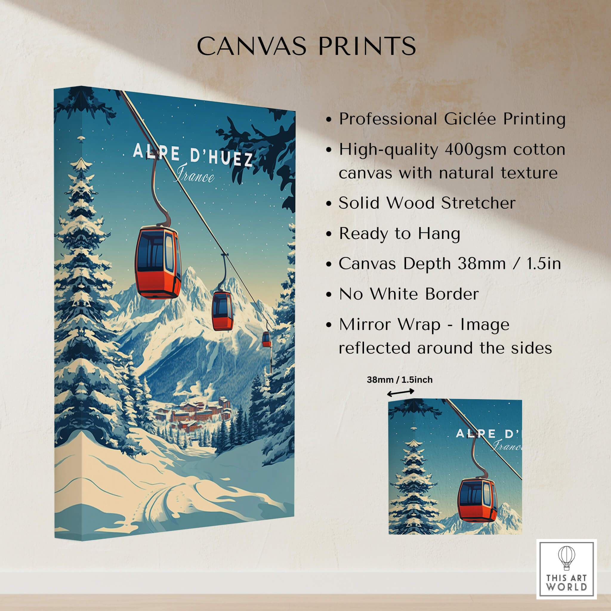 Alpe d'Huez Print France showing a vibrant mountain scene with a cable car, perfect for wall decor.