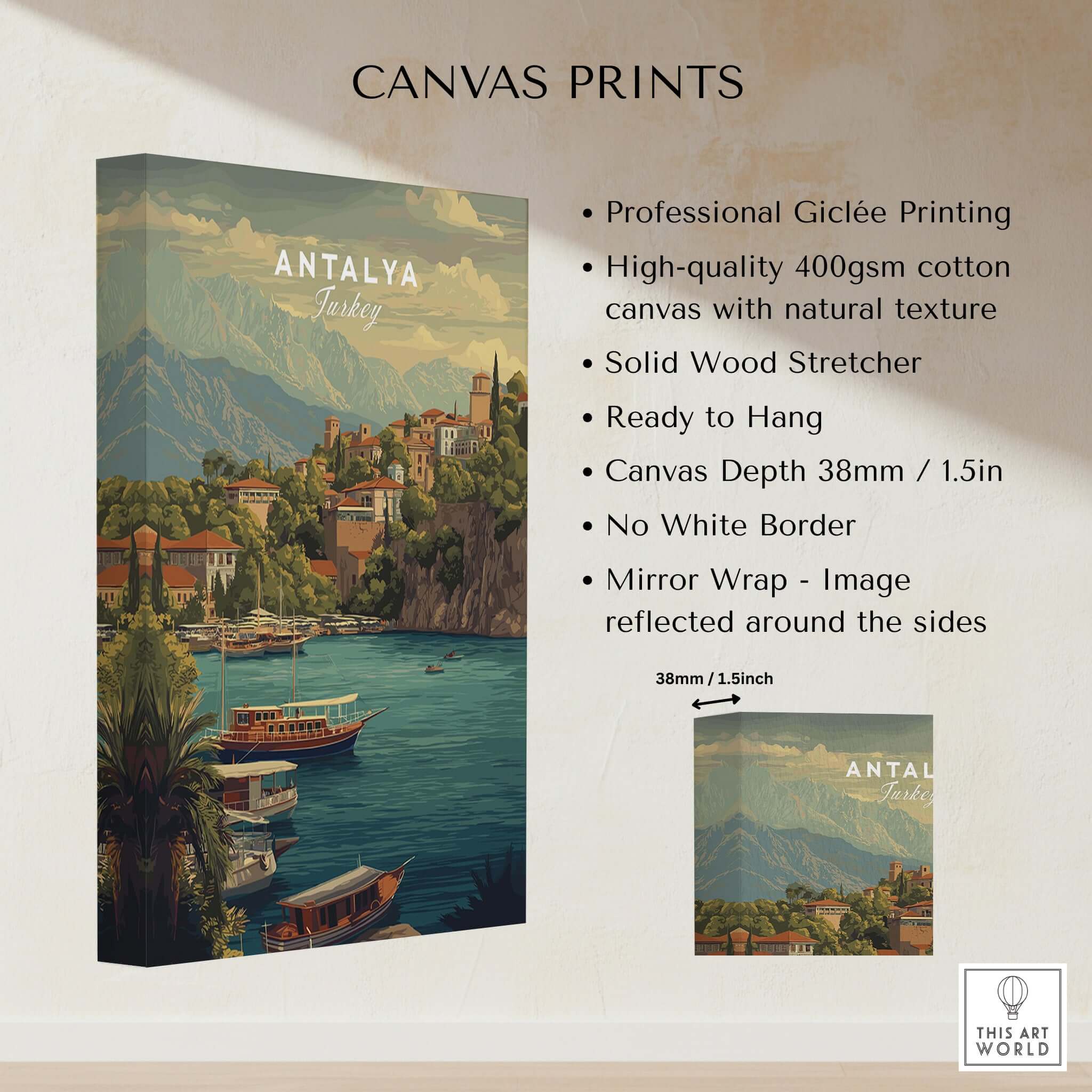 Antalya Kaleiçi Marina Canvas Print | Turkish Travel Wall Decor showcasing vibrant boats and charming architecture.