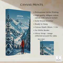 Arosa Travel Poster - Switzerland displayed on a canvas print with snowy mountains and a skier.