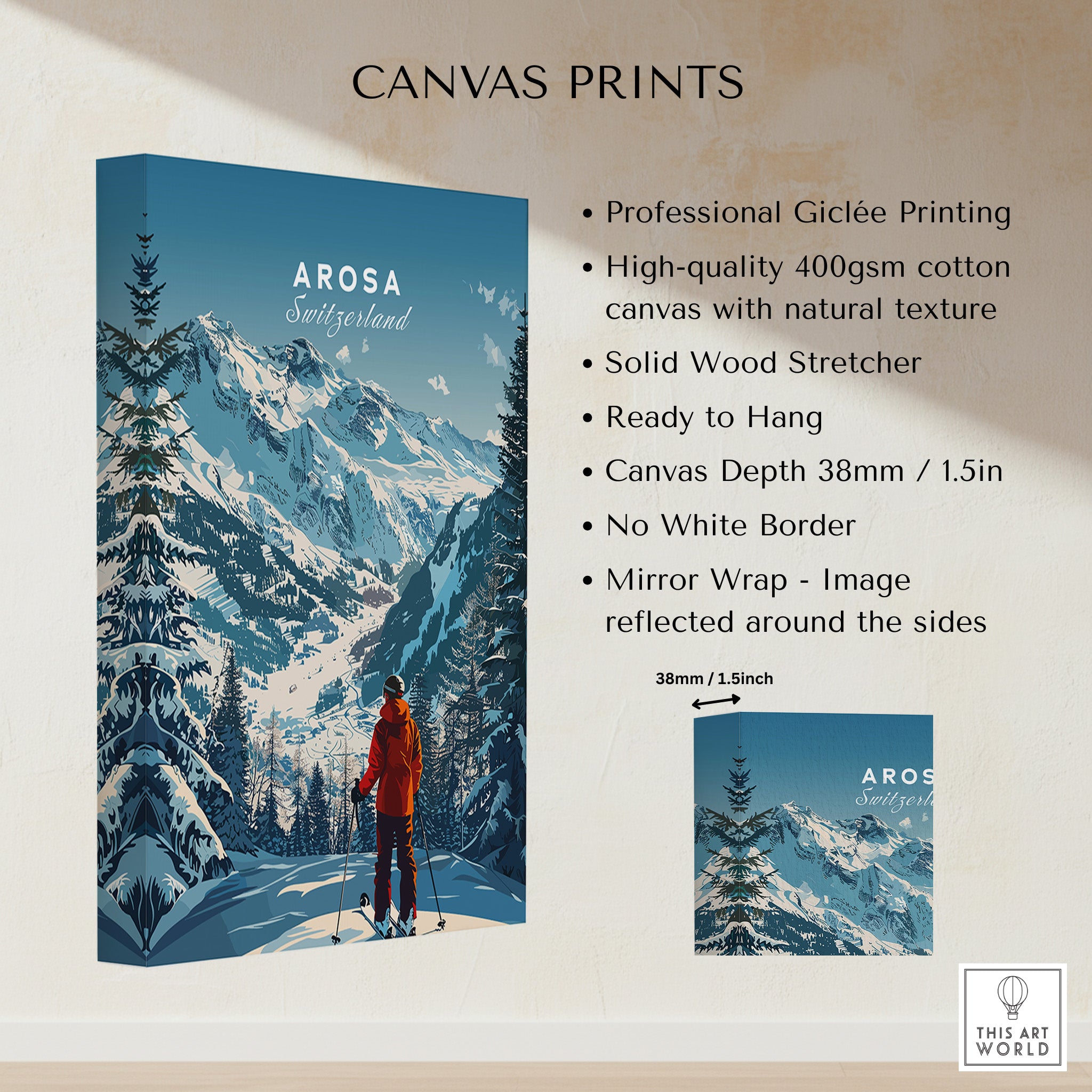 Arosa Travel Poster - Switzerland displayed on a canvas print with snowy mountains and a skier.