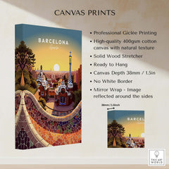 Barcelona Travel Poster Print featuring vibrant Giclée printing and Gaudi architecture on canvas.