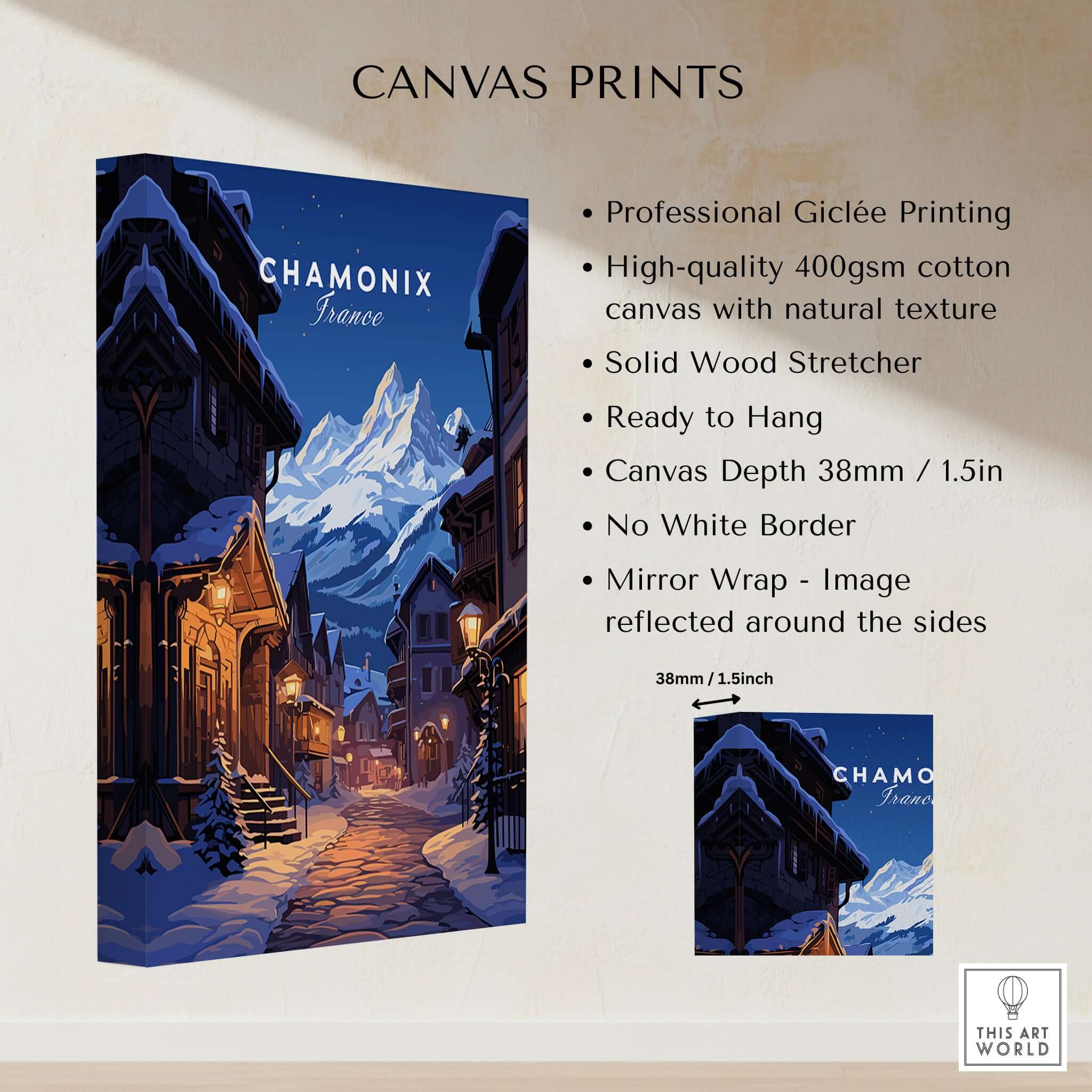 Chamonix Poster showcasing a snowy street scene in the ski resort of Chamonix, France.