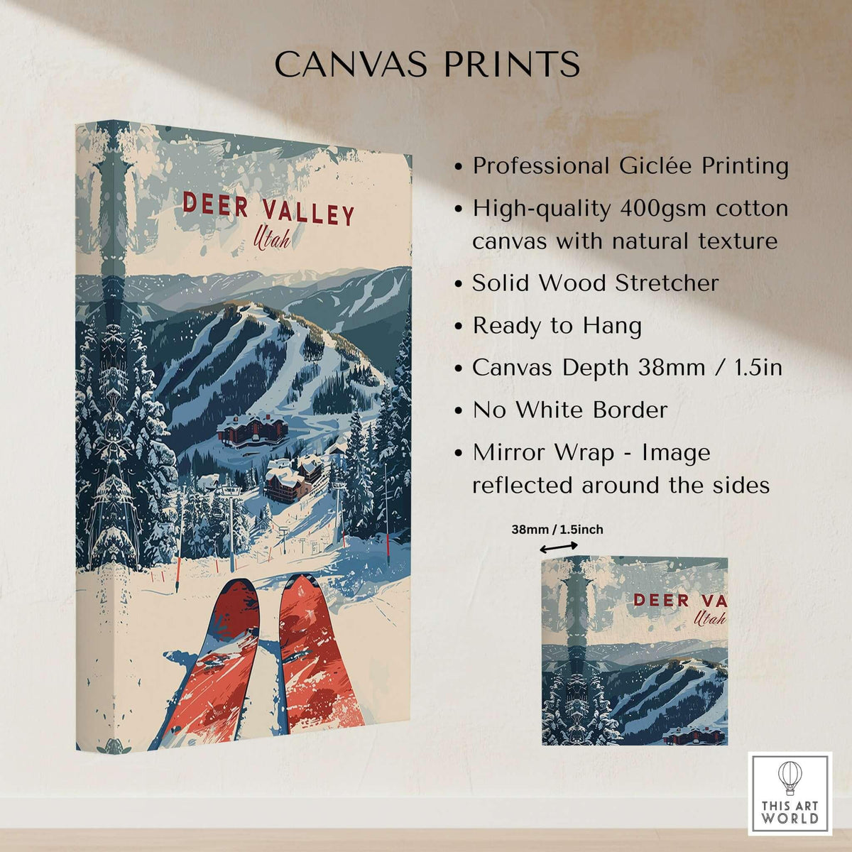Deer Valley Ski Poster showcasing breathtaking slopes in a high-quality canvas print.