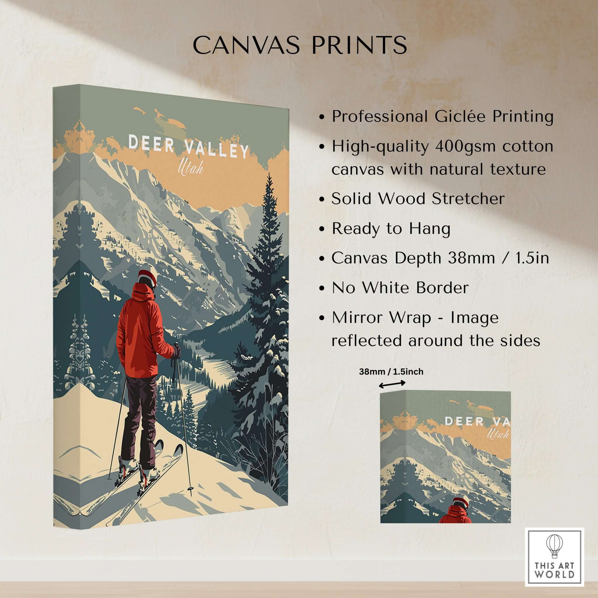 Deer Valley Print Utah canvas print featuring ski scene and mountains, ready to hang, high-quality giclée printing.