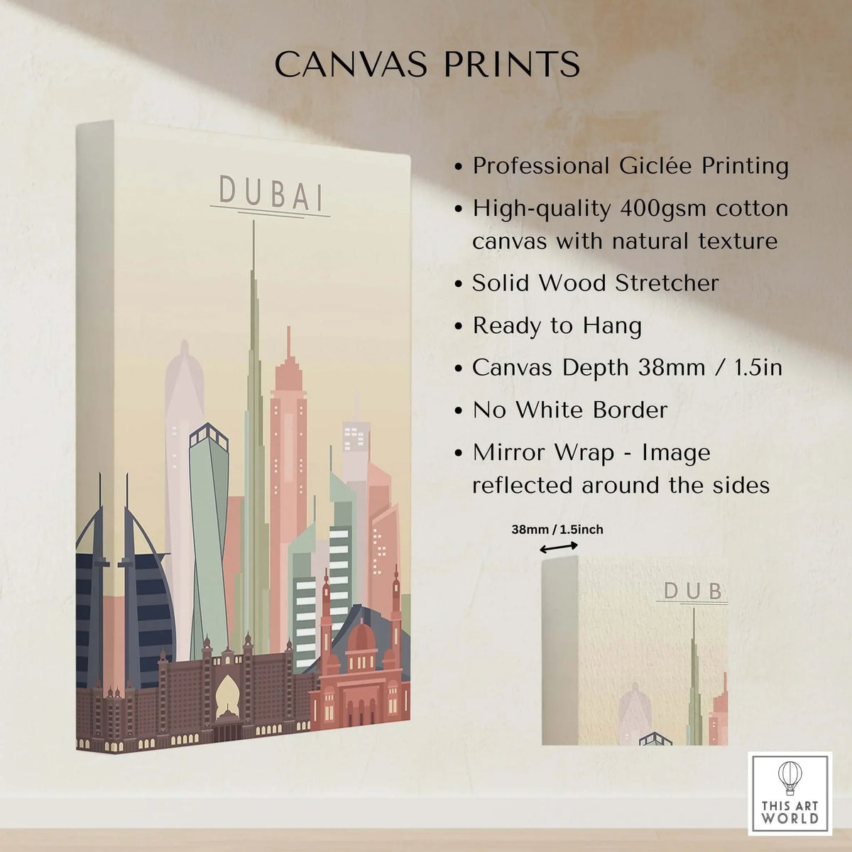 Dubai Wall Art | City Skyline Print showcasing high-quality giclée printing on cotton canvas.