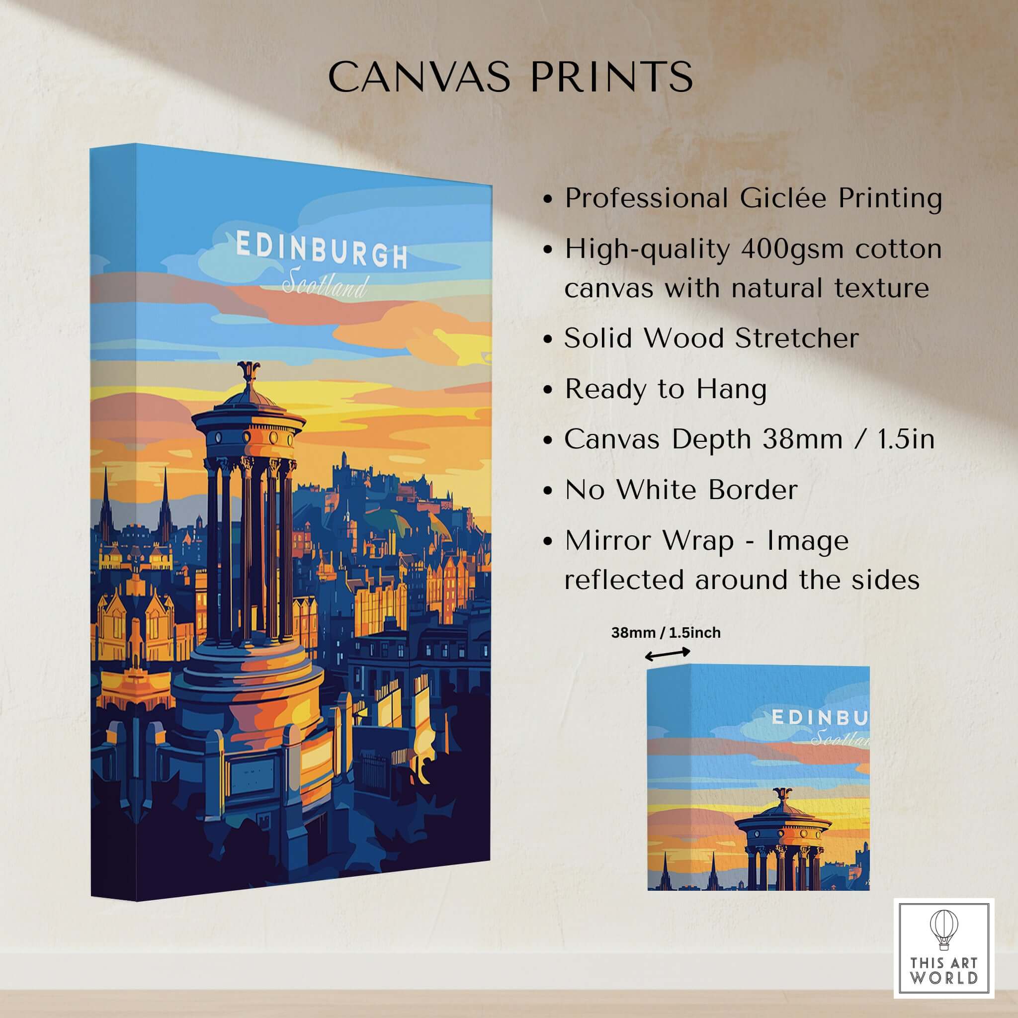 Edinburgh Travel Print, showcasing Giclée printing on canvas with vibrant colors and ready to hang design.