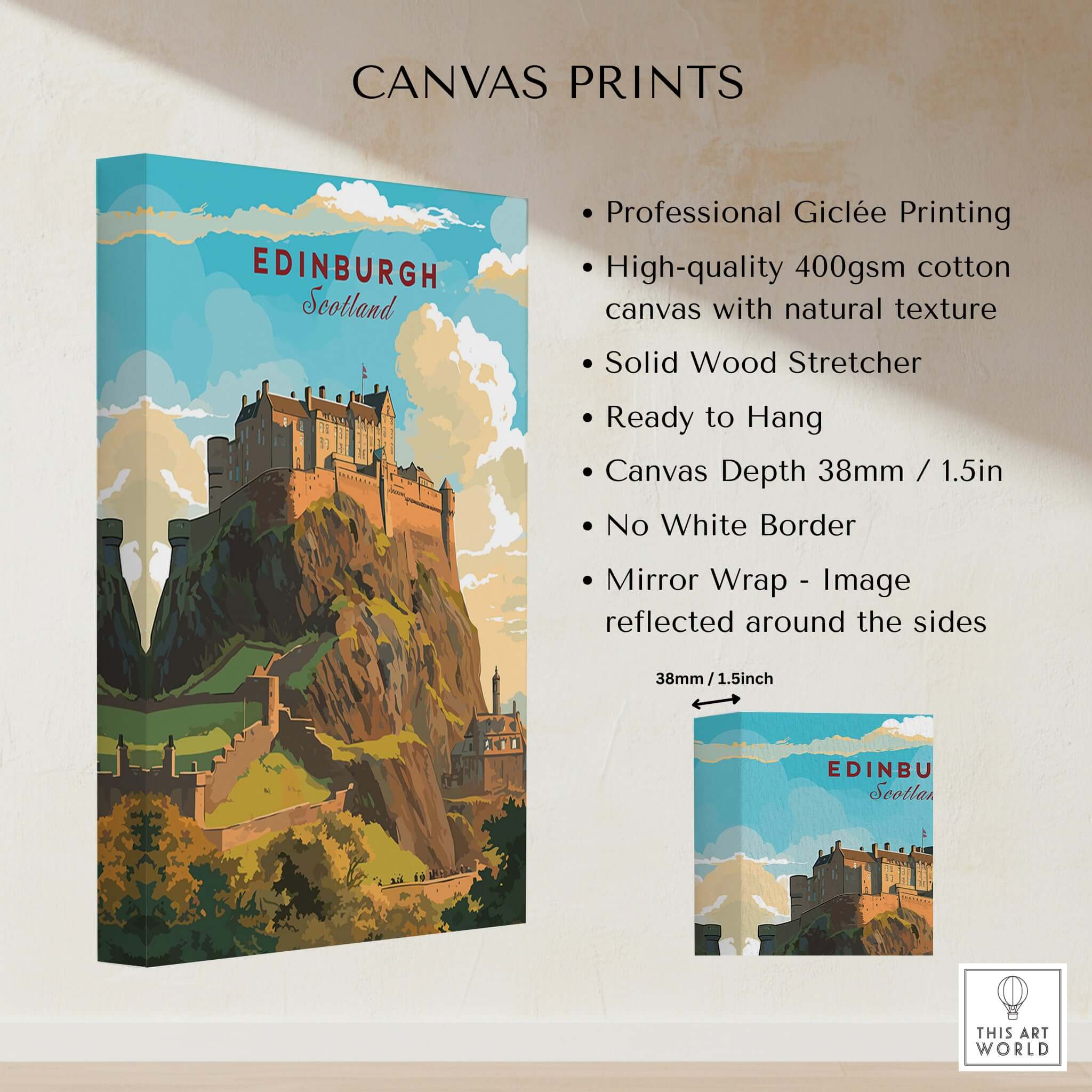 Edinburgh Poster Print showcasing Edinburgh Castle on high-quality canvas, perfect wall art for Scotland lovers.