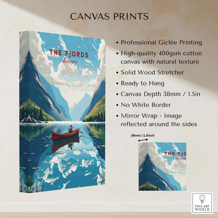 Fjords Wall Art Norway showcasing a serene landscape with a canoe in Norwegian fjords, perfect for home decor.