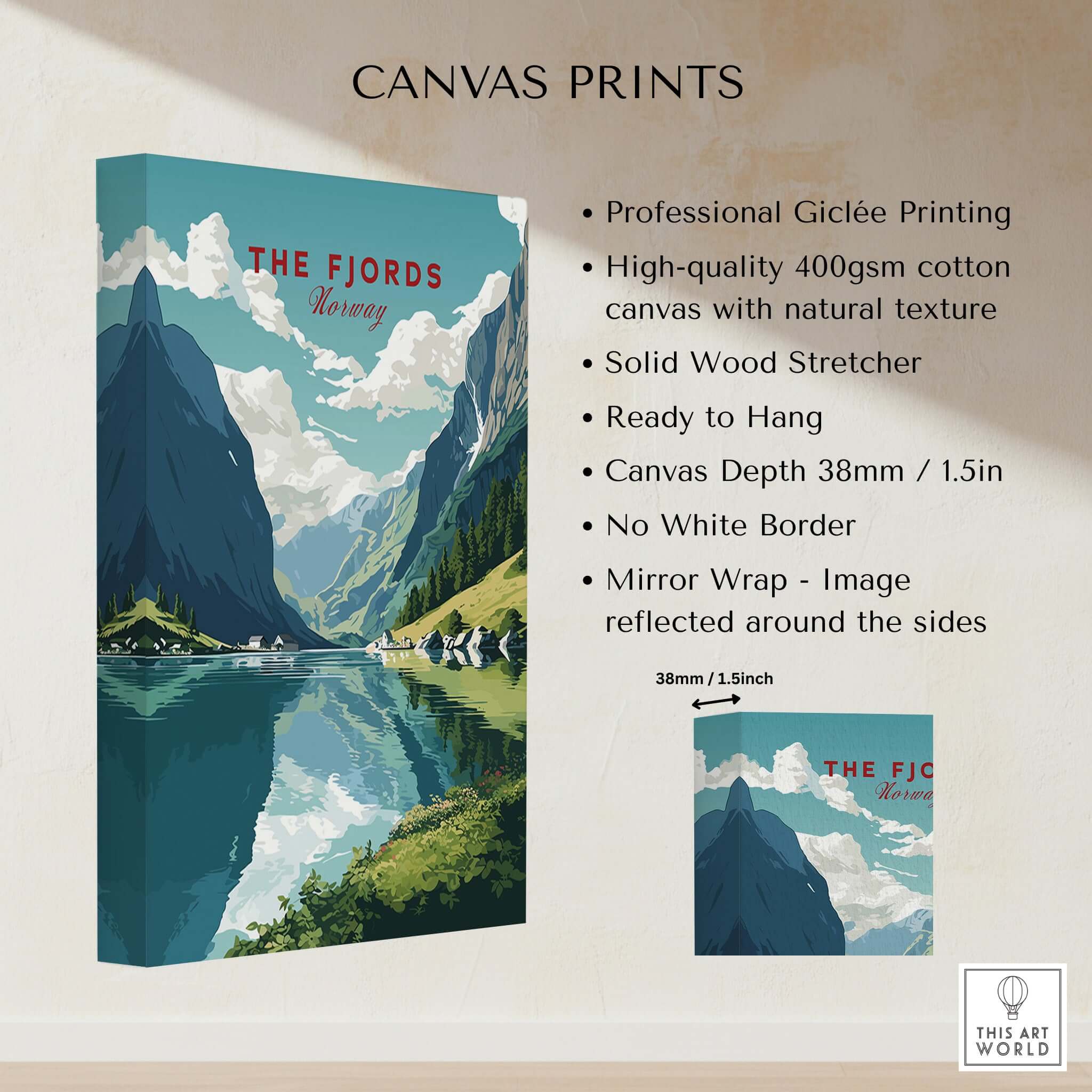 Norway Fjords Travel Poster showcasing stunning fjords and mountains, perfect for home decor and relaxation.