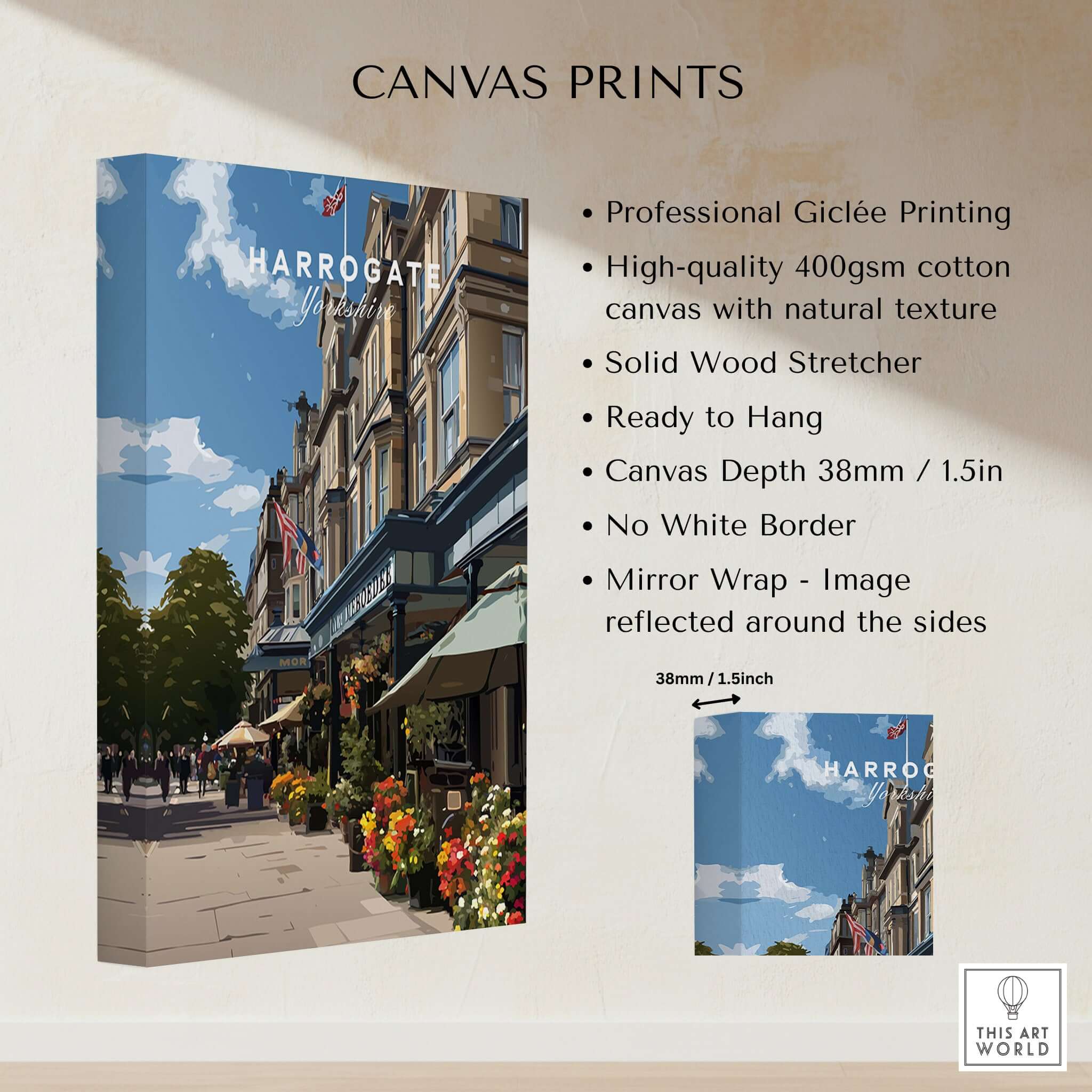 Harrogate Street View Print | Yorkshire Home Decor showcasing Giclée quality with vibrant colors and charming streetscape.