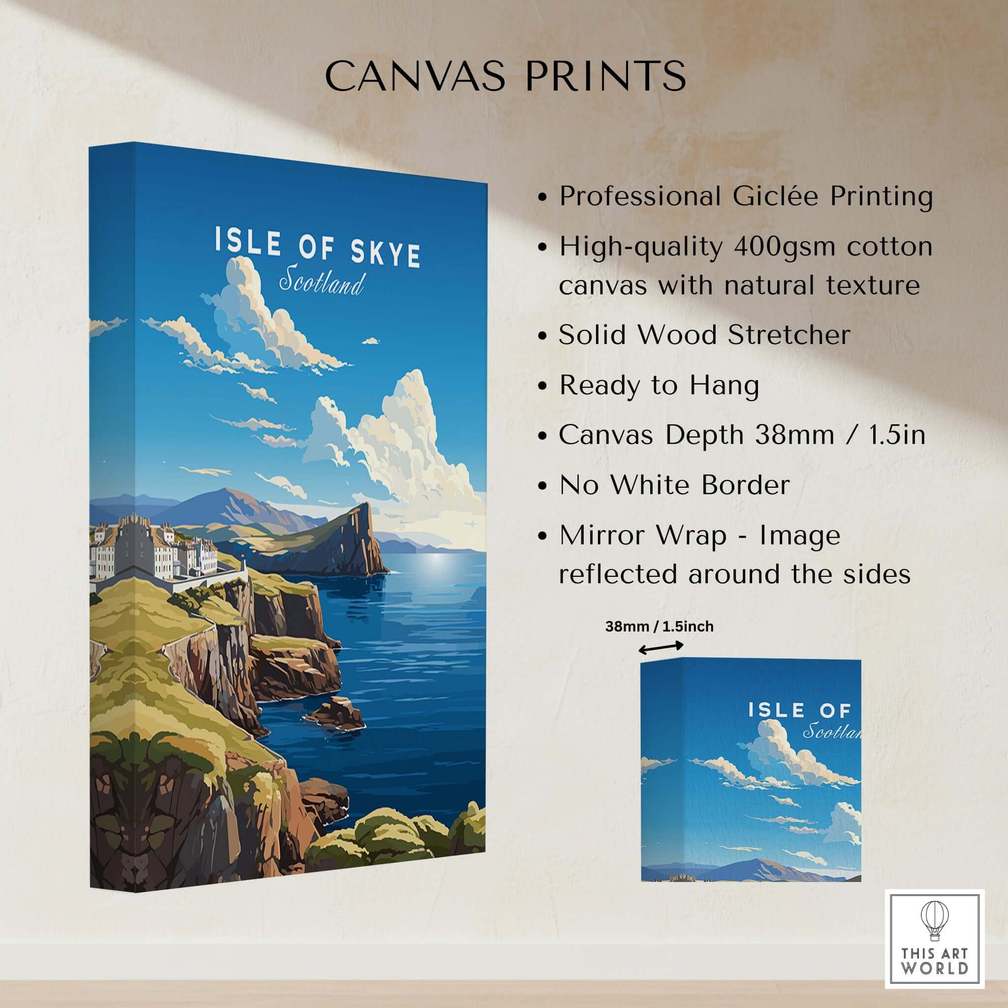Isle of Skye Poster showcasing a scenic landscape with cliffs and ocean, printed on high-quality canvas.