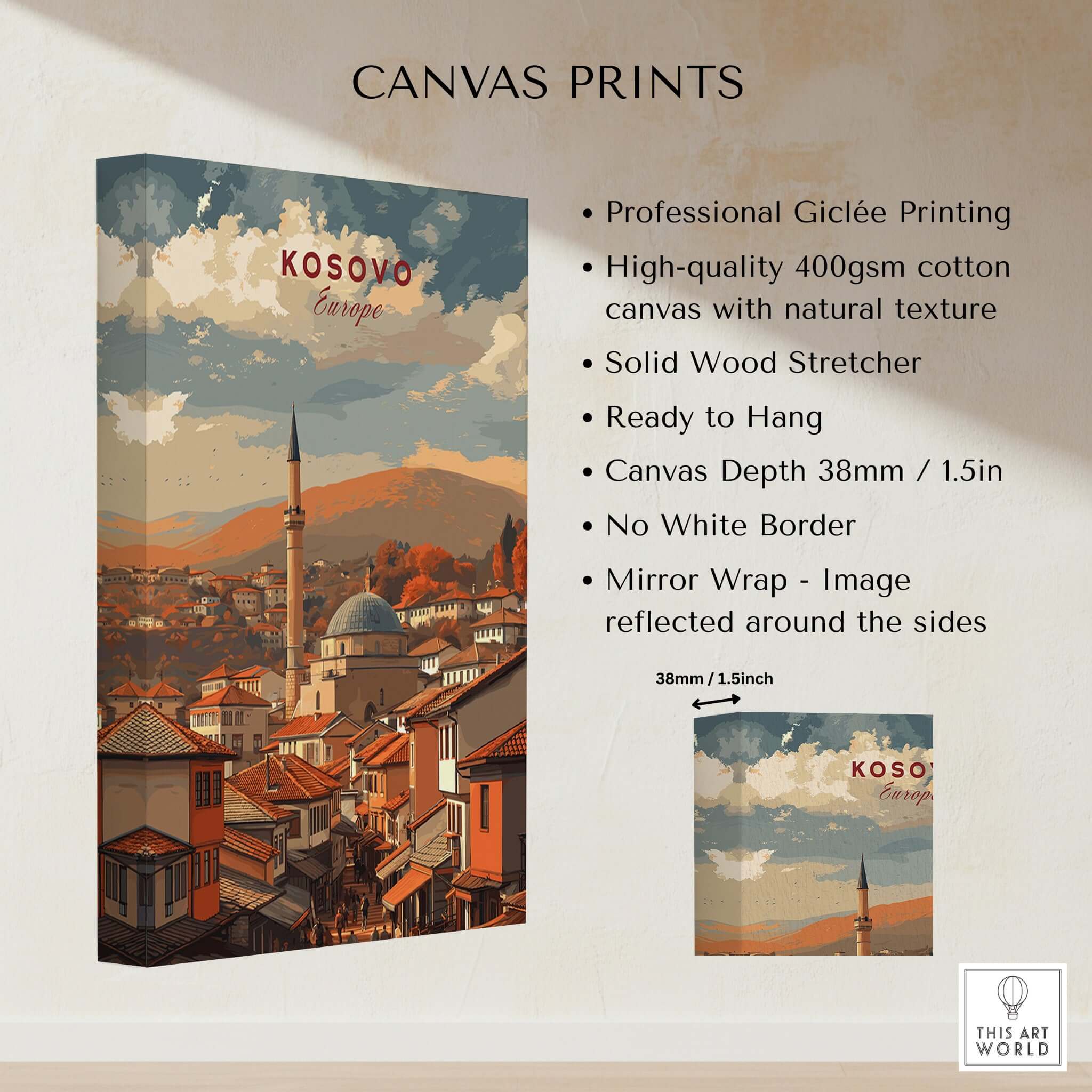 Kosovo Balkan City Rooftops Canvas Print | European Travel Wall Decor showcasing Giclée printing detail and vibrant architecture.