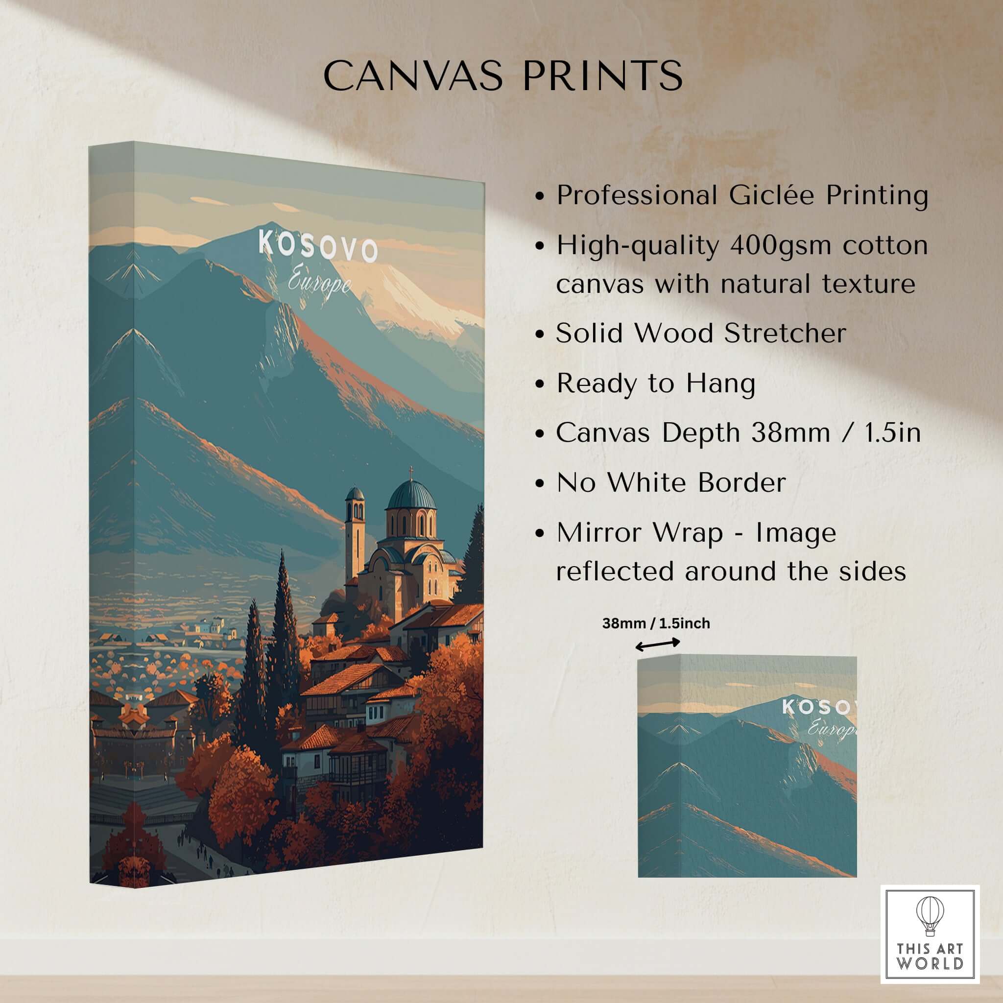 Kosovo Historic Church Hill View Canvas Print | European Wall Decor with high-quality giclée printing on cotton canvas.