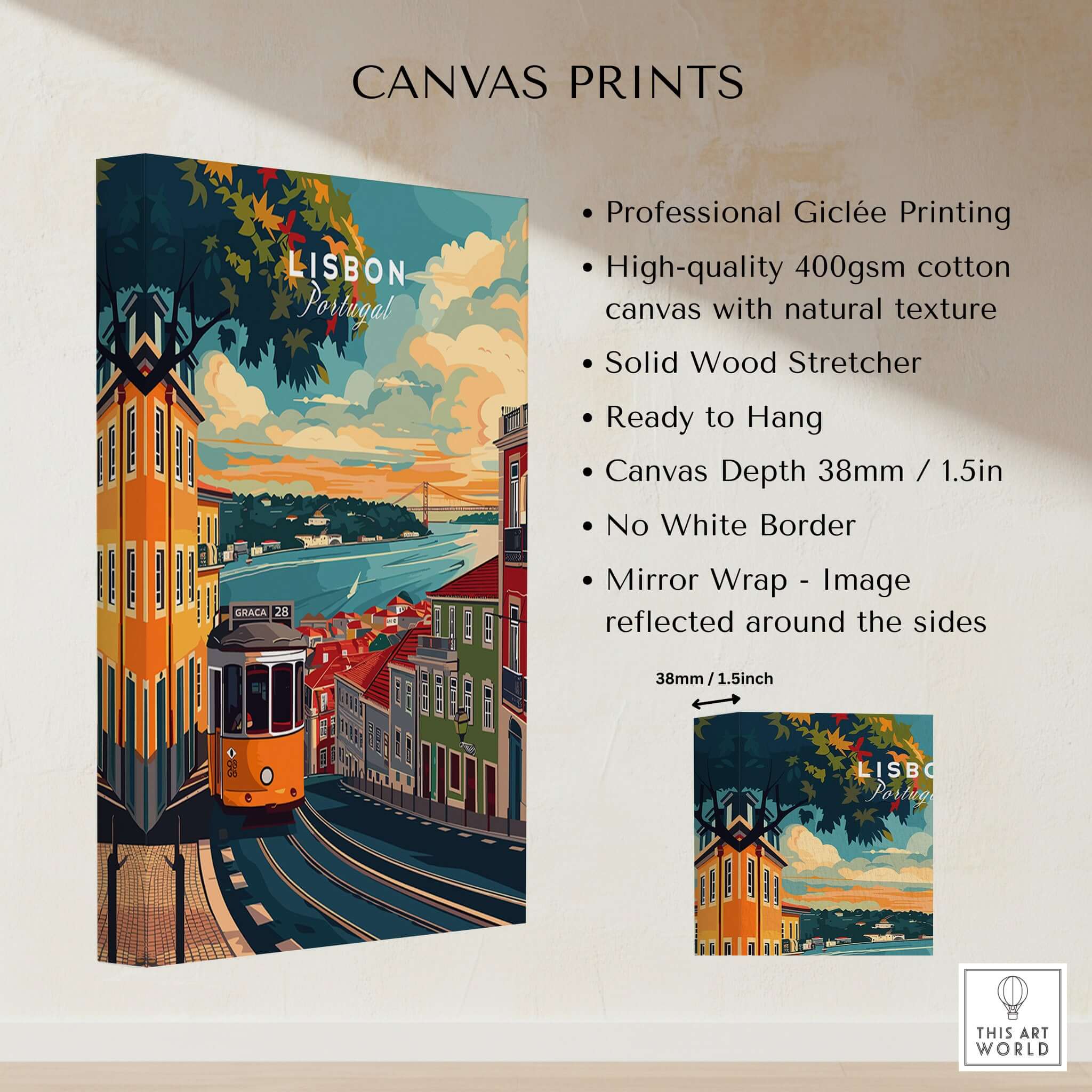 Lisbon Travel Print showcasing vibrant streets and iconic landmarks of Lisbon in high-quality giclée on canvas.