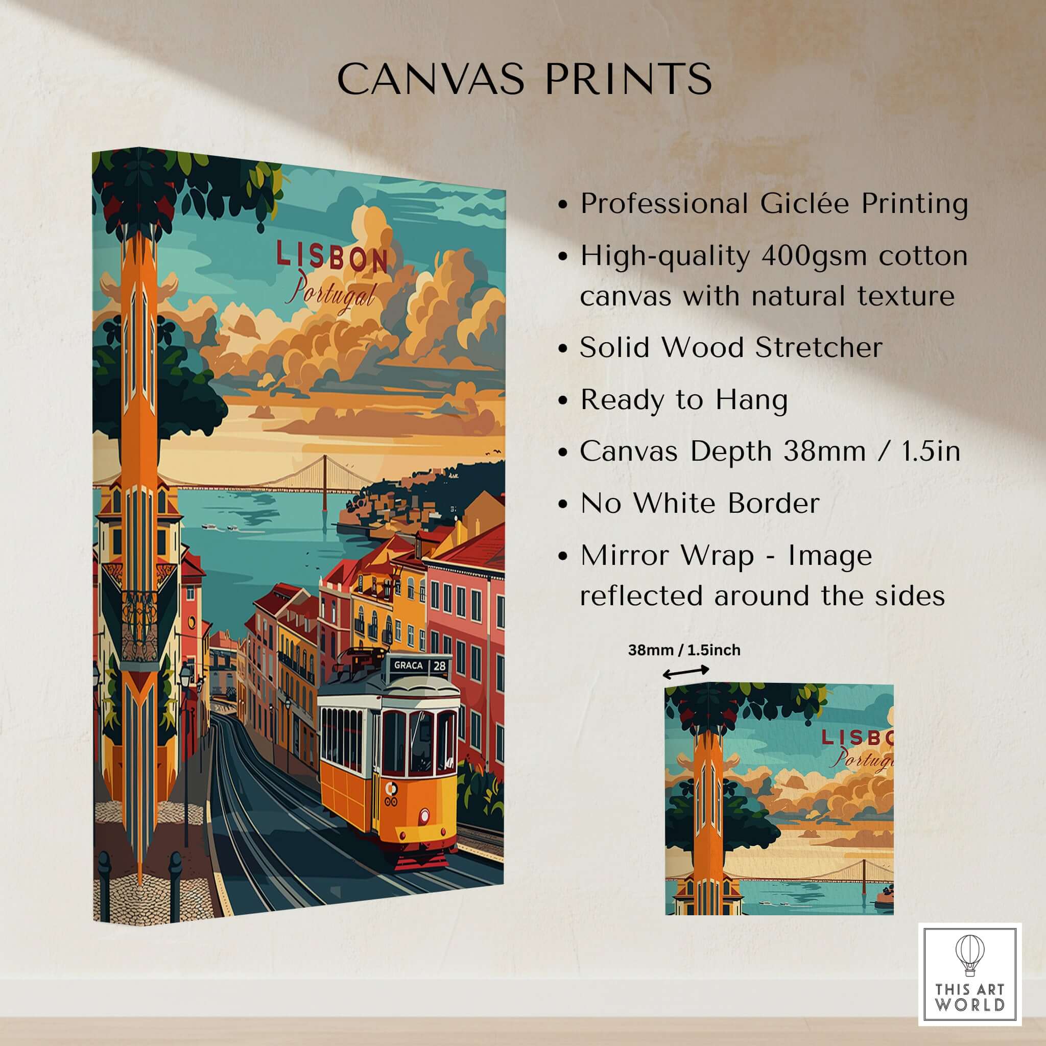 Lisbon Travel Poster showcasing Tram 28 on a vibrant canvas print, perfect for home decor and travel enthusiasts.