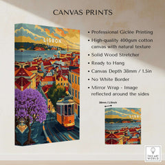 Lisbon Wall Art Poster featuring vibrant Jacaranda trees and Tram 28 in a charming cityscape design.