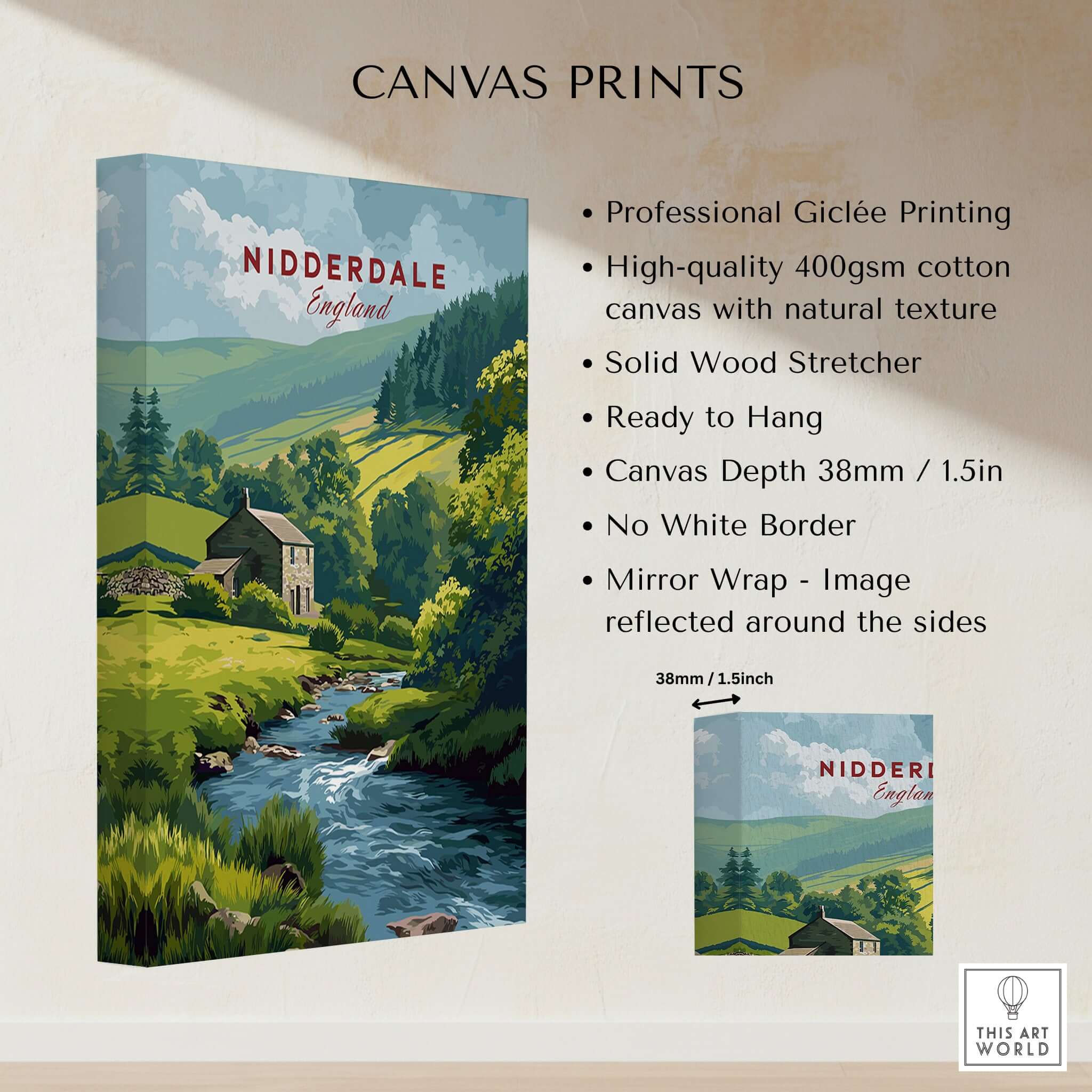 Nidderdale Stone Farmhouse and Stream Canvas Print | English Country Wall Decor showcasing a serene Yorkshire landscape.