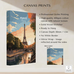 Paris Print featuring the Eiffel Tower in sunset on high-quality cotton canvas, perfect for home decor and gifts.