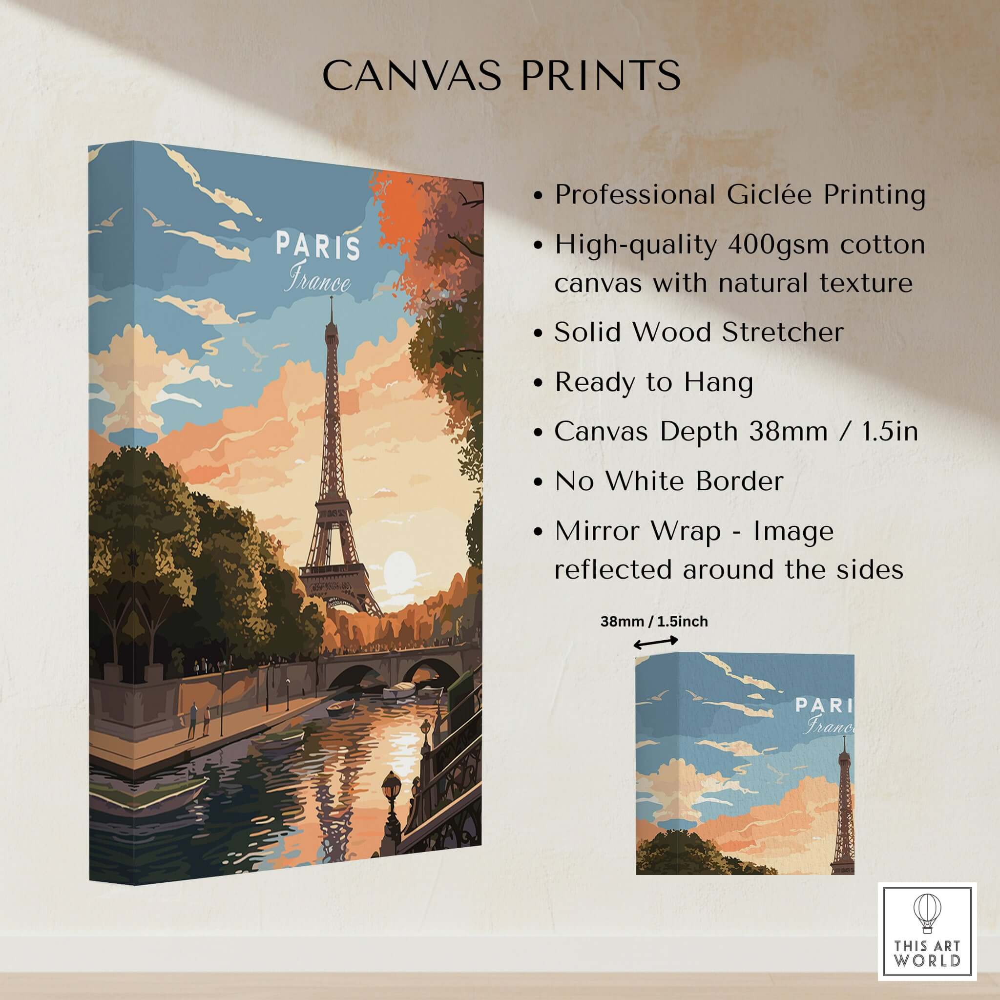 Paris Print featuring the Eiffel Tower in sunset on high-quality cotton canvas, perfect for home decor and gifts.