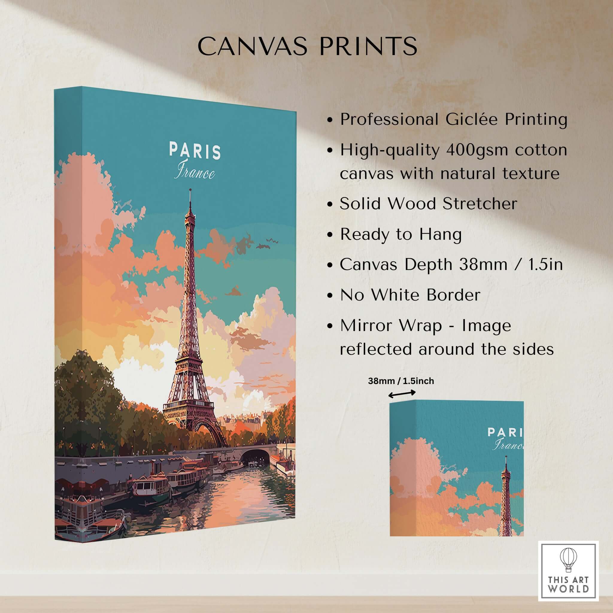 Paris Poster - Eiffel Tower canvas print featuring the iconic Eiffel Tower and vibrant colors enhancing home decor.