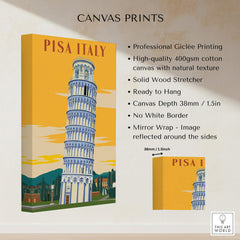 Pisa Tower Print Poster Italy Wall Art showcasing giclee printed canvas of the famous landmark with a warm sunset backdrop.
