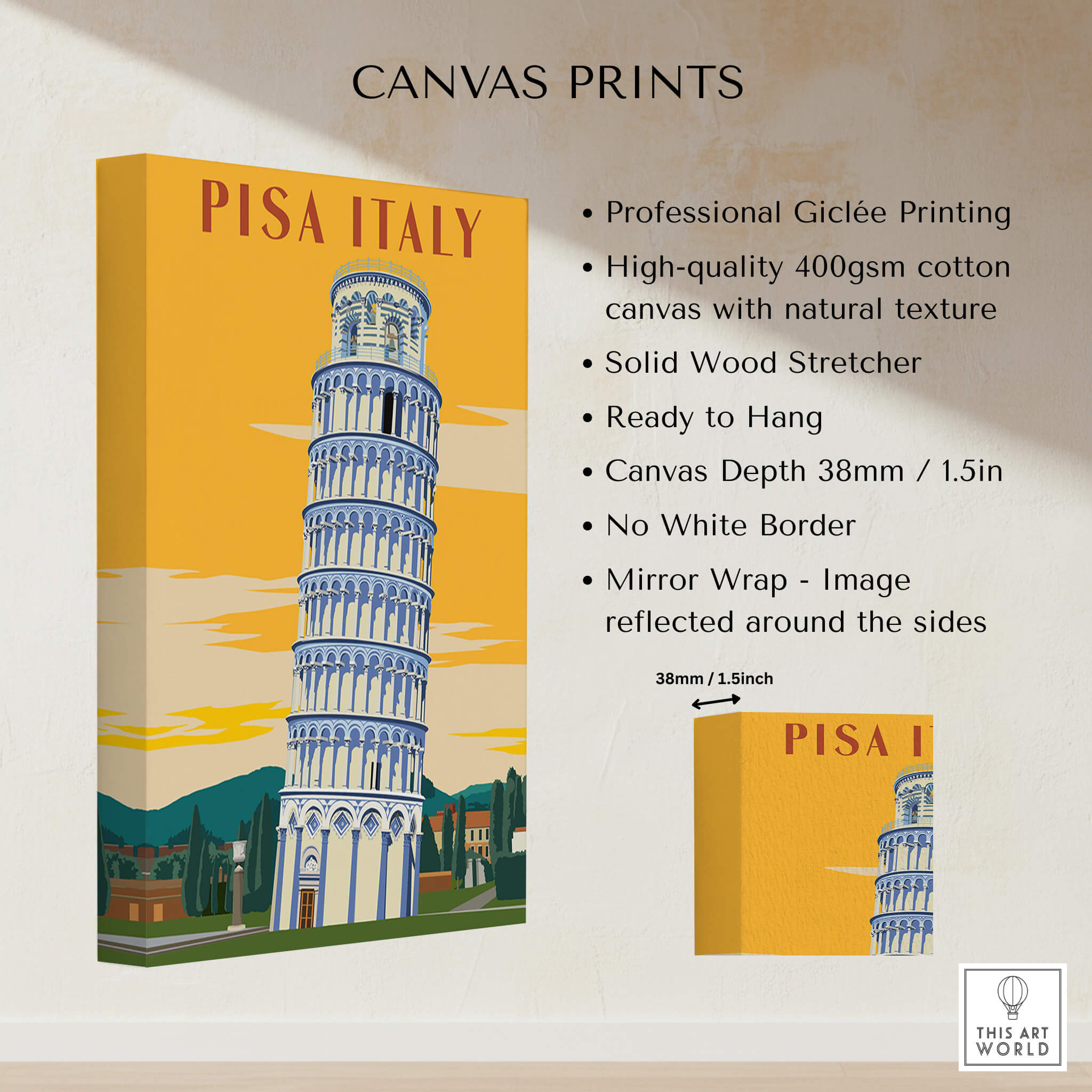 Pisa Tower Print Poster Italy Wall Art showcasing giclee printed canvas of the famous landmark with a warm sunset backdrop.