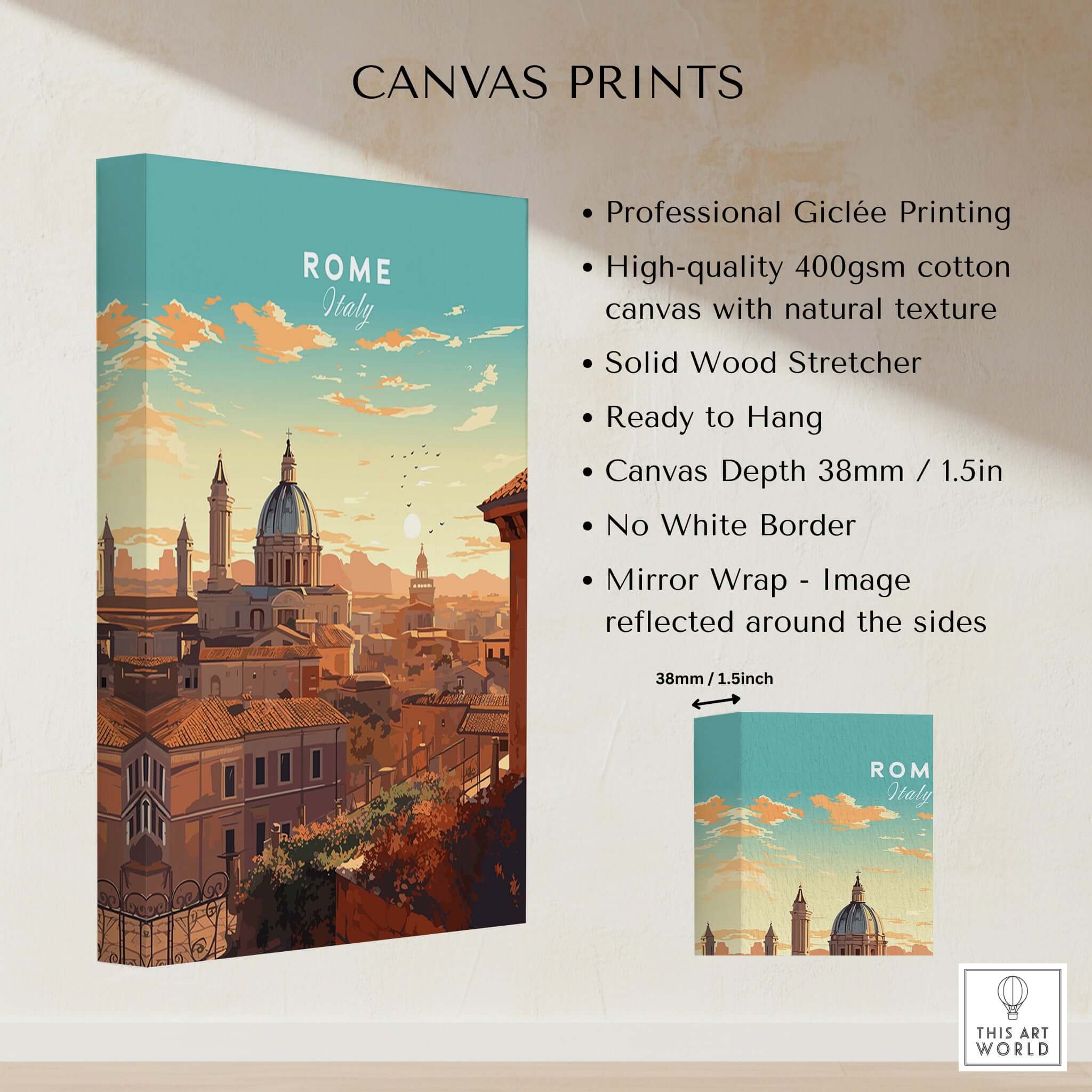 Rome Print showcasing professional giclée printing on high-quality canvas for art lovers and travelers.