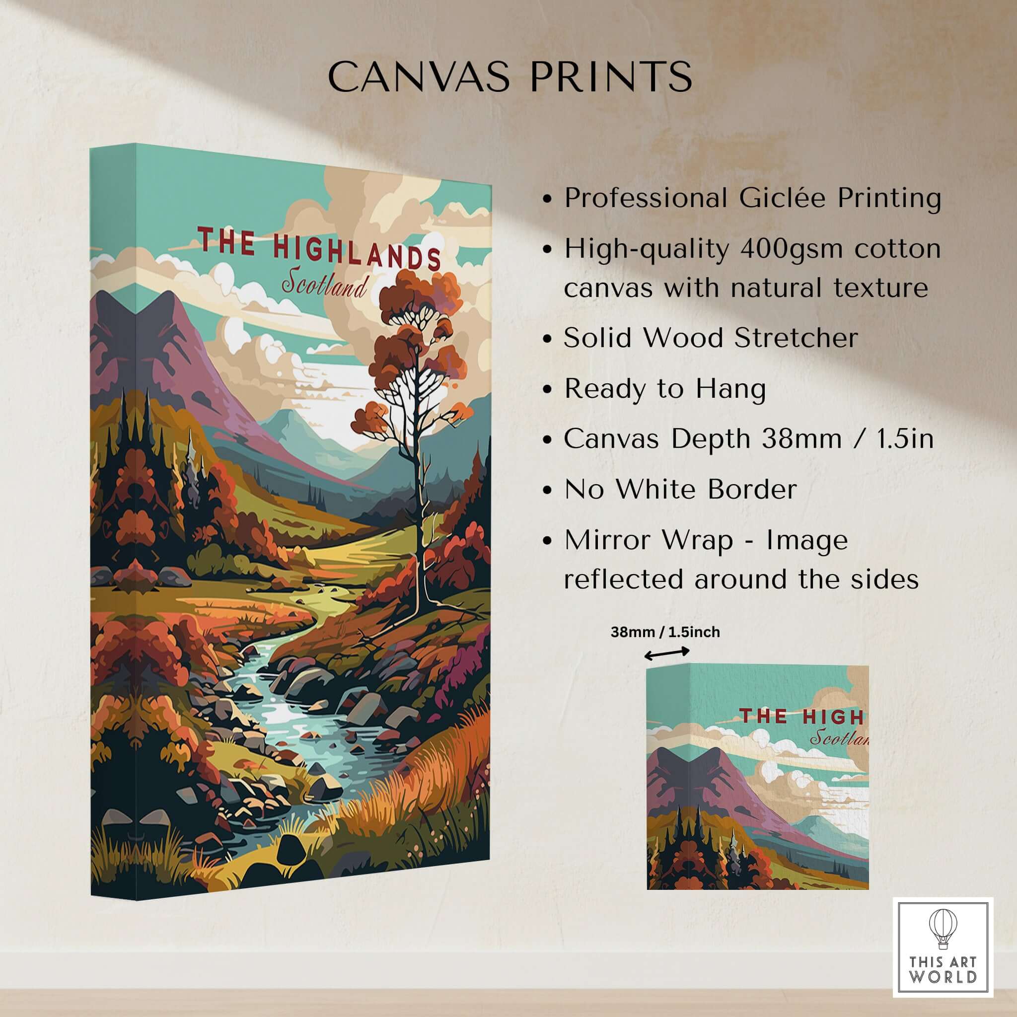 Scottish Highlands Wall Art featuring vibrant scenery and high-quality giclée printing on canvas.